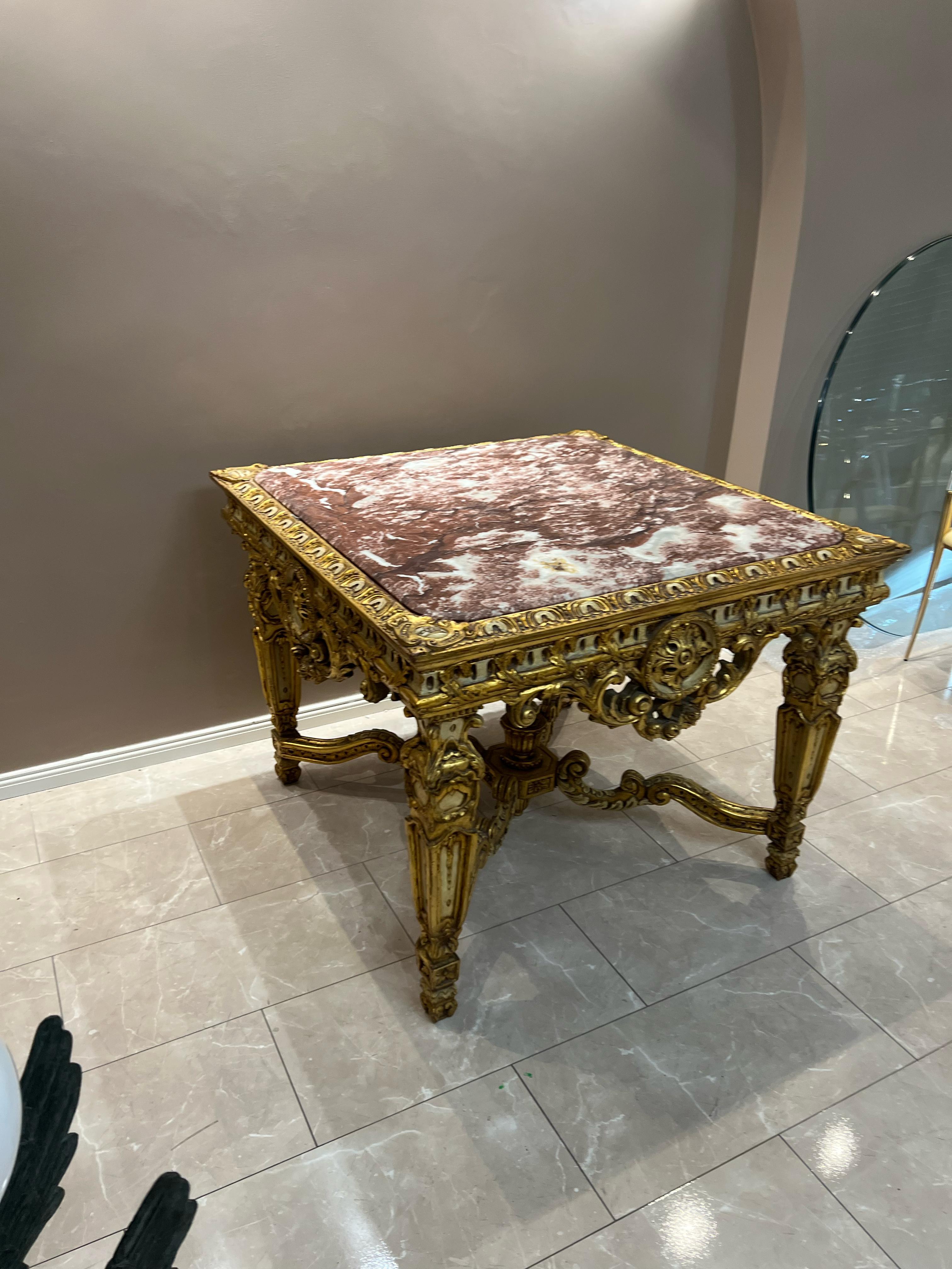20th Century Antique Baroque-Style Table with Marble Top and Gilded Wood Base For Sale