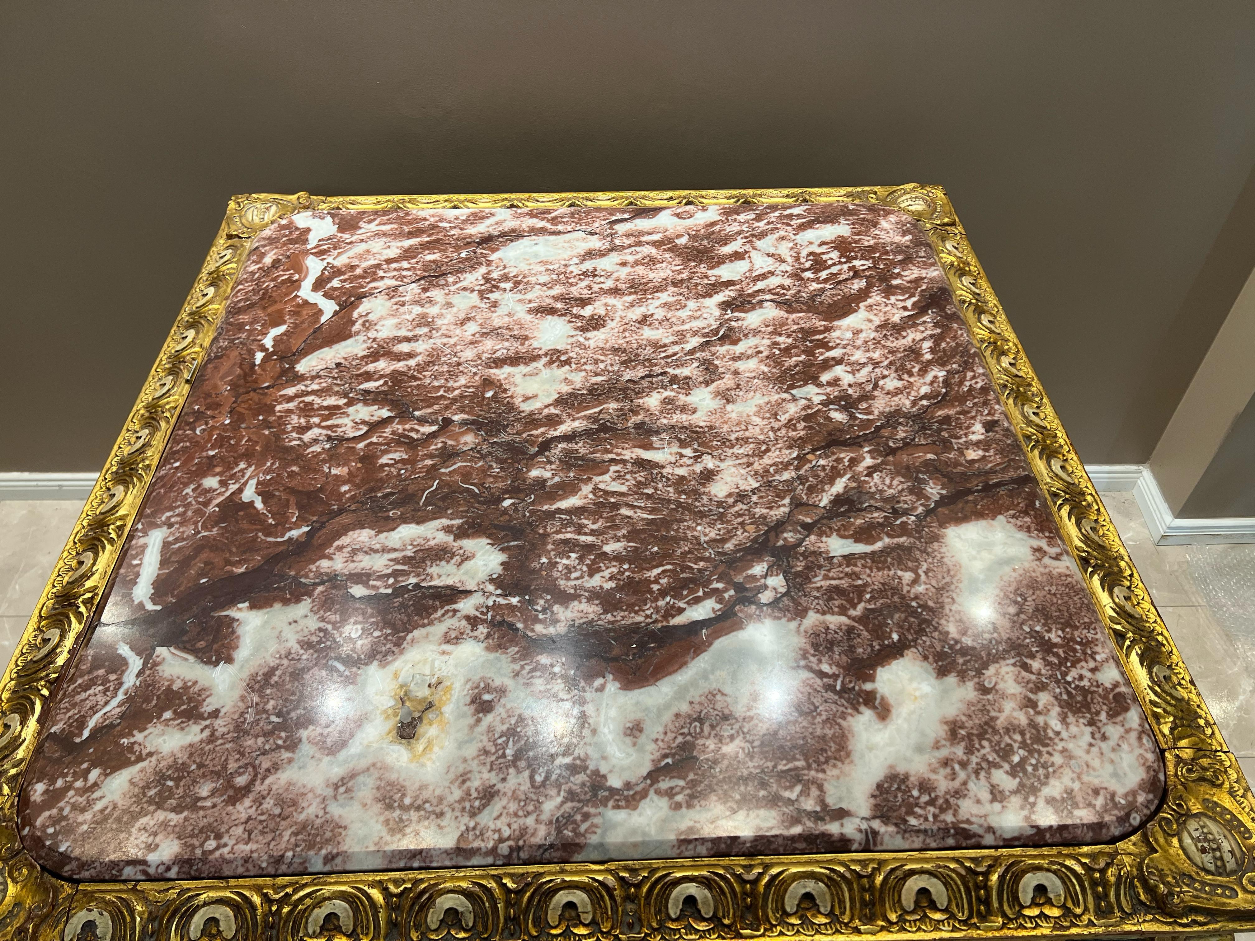Antique Baroque-Style Table with Marble Top and Gilded Wood Base For Sale 1