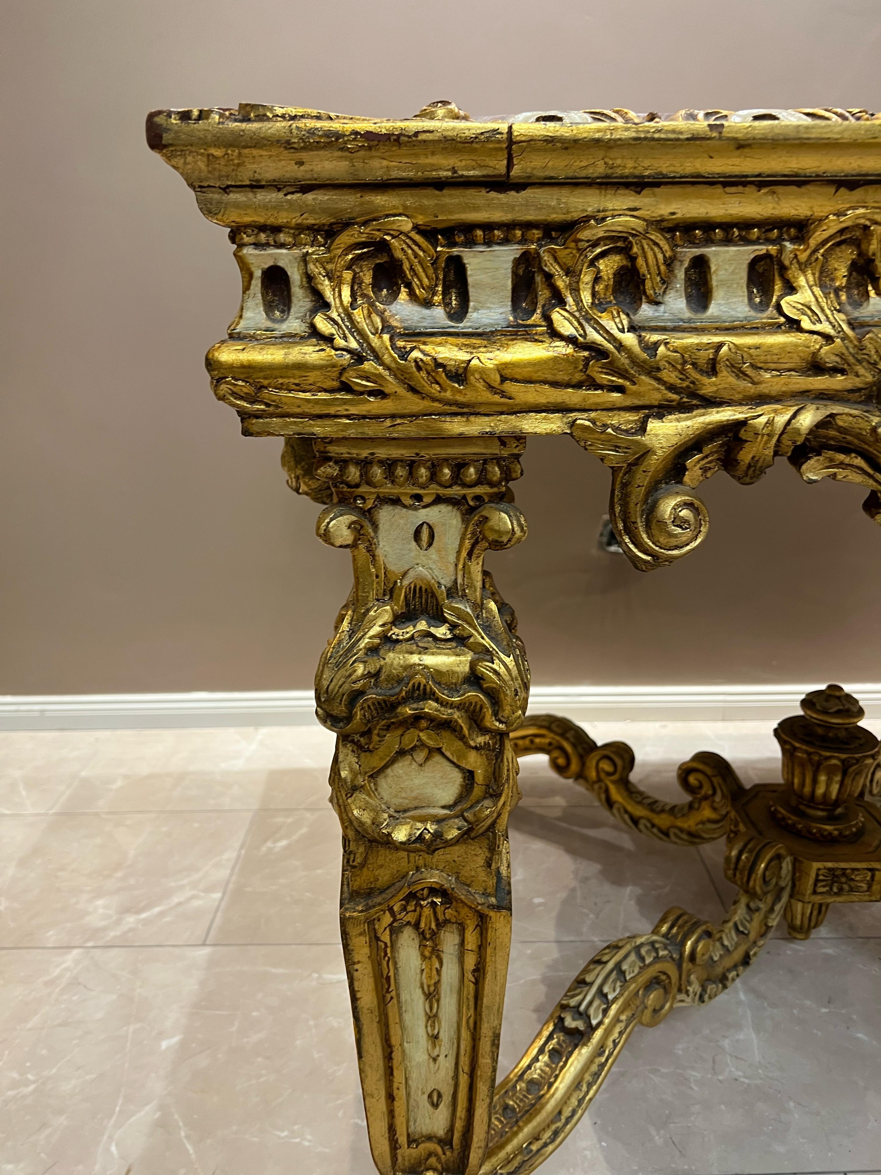 Antique Baroque-Style Table with Marble Top and Gilded Wood Base For Sale 3