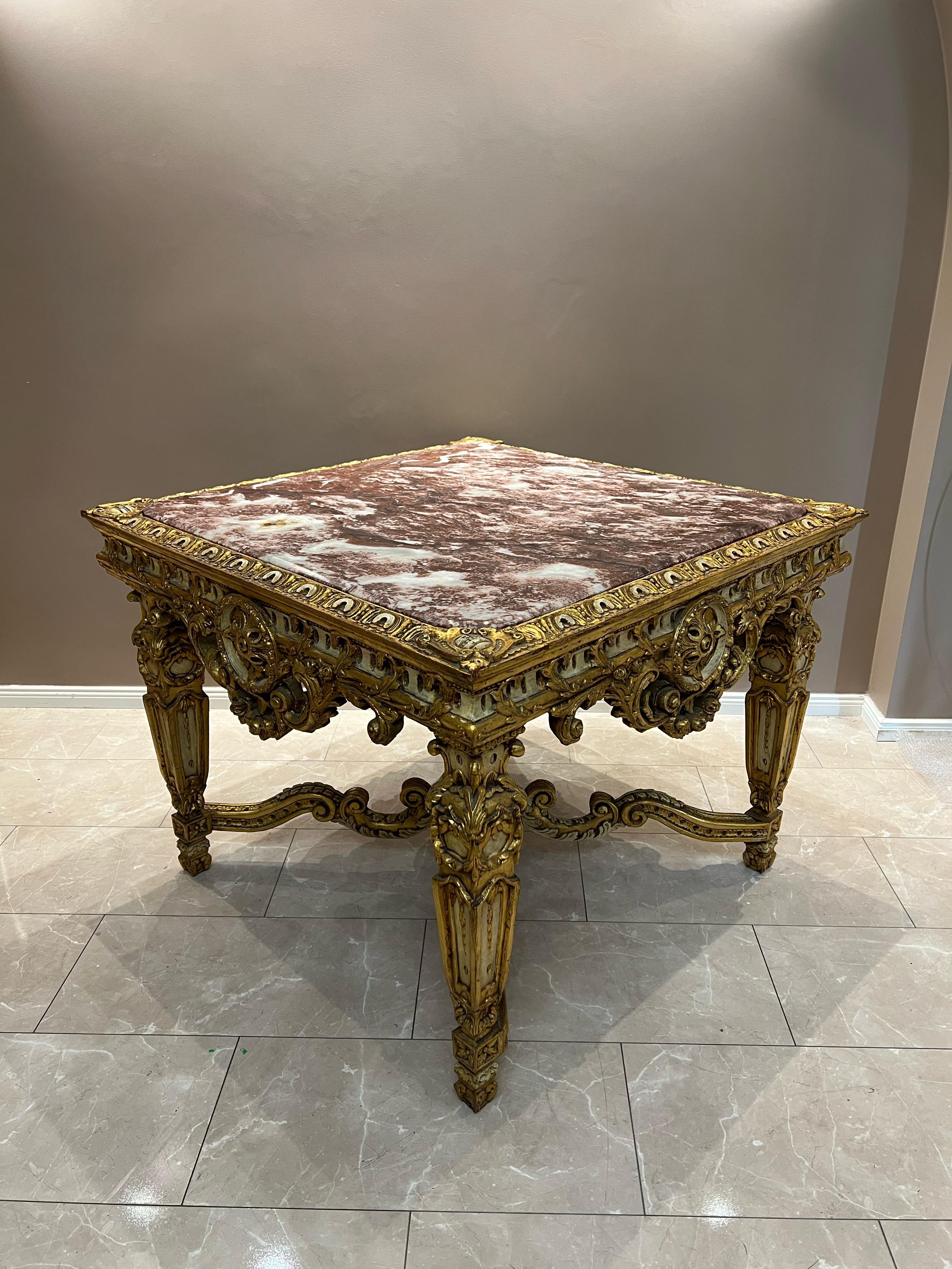 Antique Baroque-Style Table with Marble Top and Gilded Wood Base For Sale 4