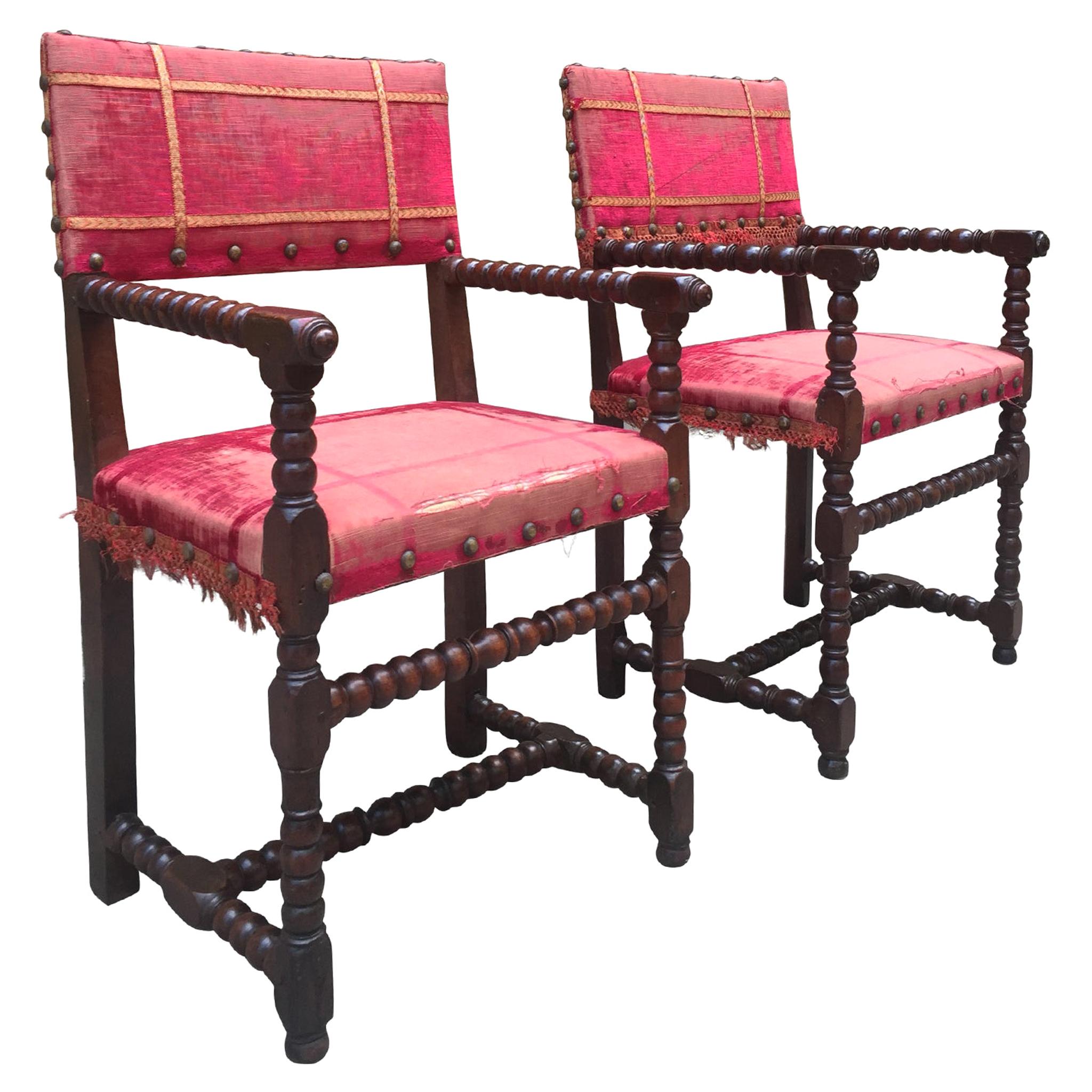 Antique Baroque-Style Walnut and Velvet Armchairs, a Set of 2