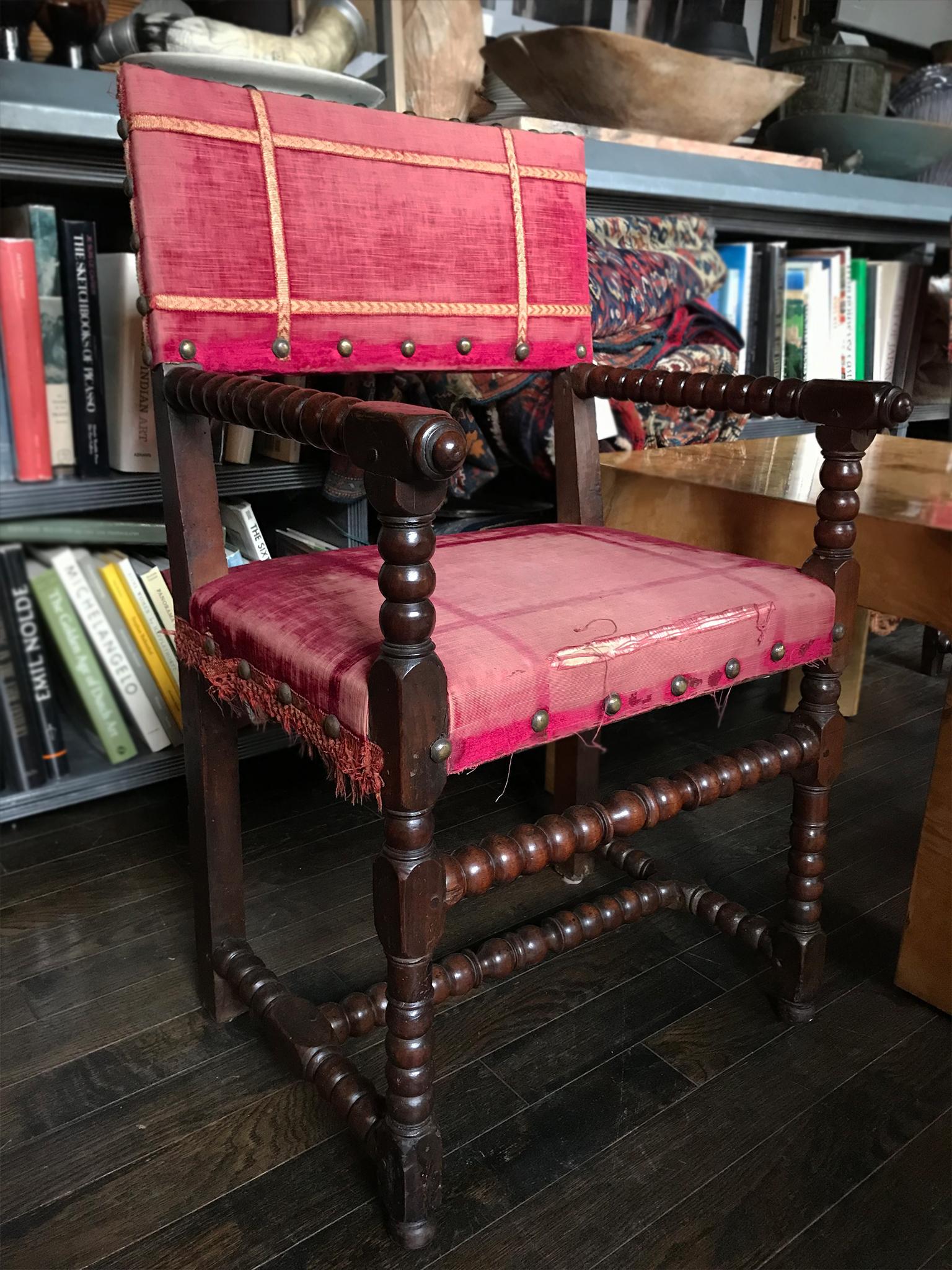 Antique Baroque-Style Walnut and Velvet Armchairs, a Set of 2 11