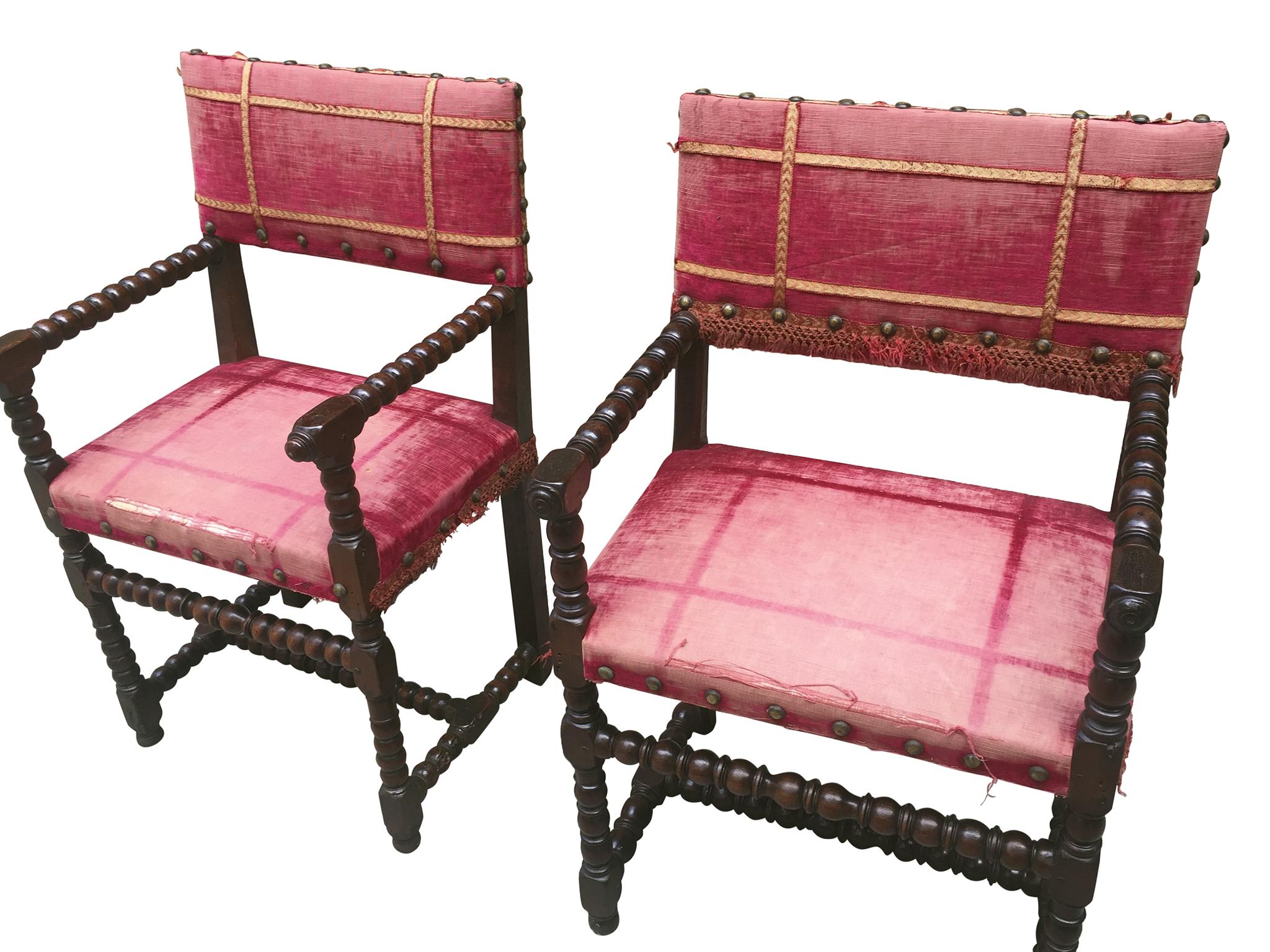 Italian Antique Baroque-Style Walnut and Velvet Armchairs, a Set of 2