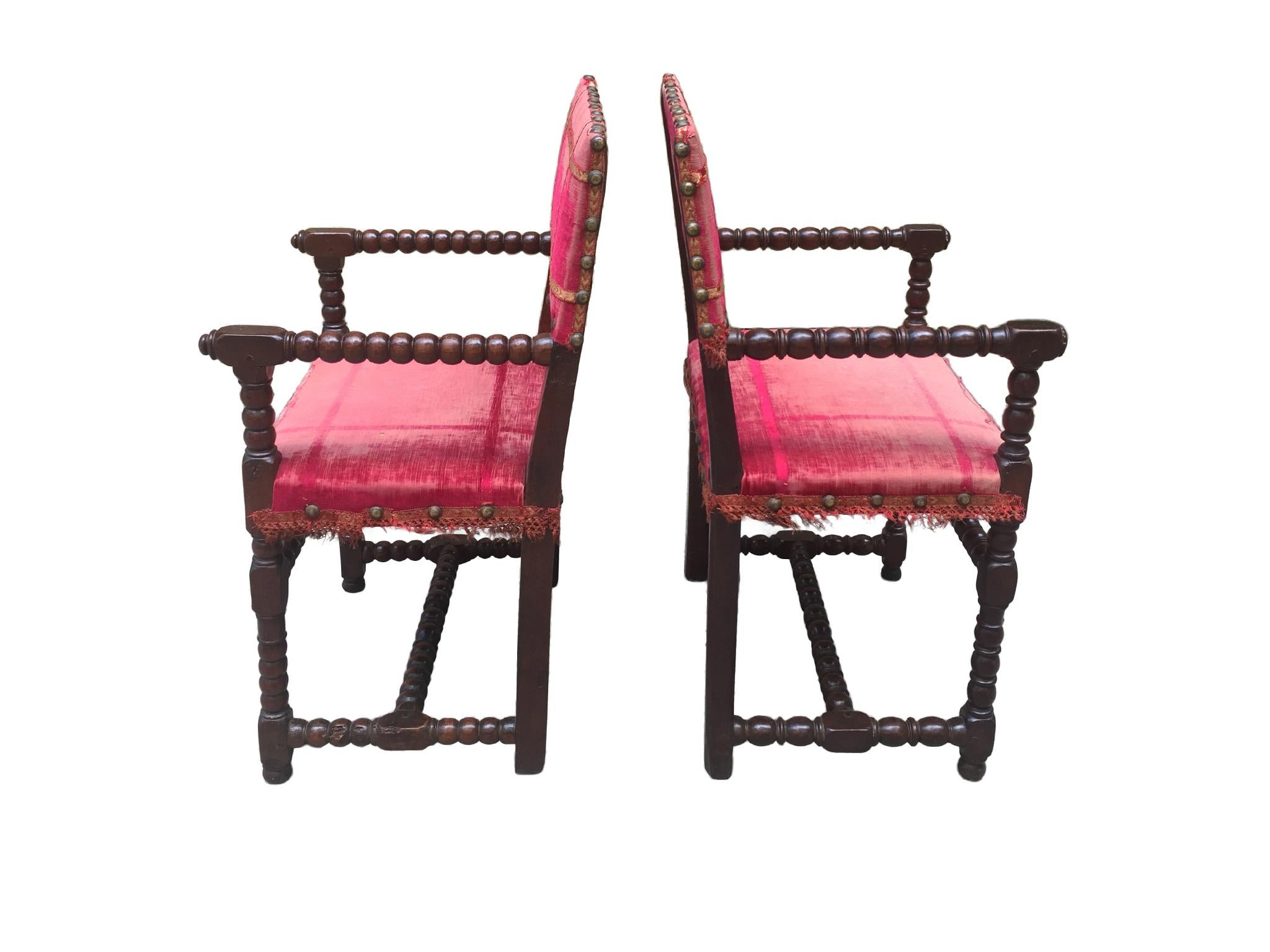 19th Century Antique Baroque-Style Walnut and Velvet Armchairs, a Set of 2