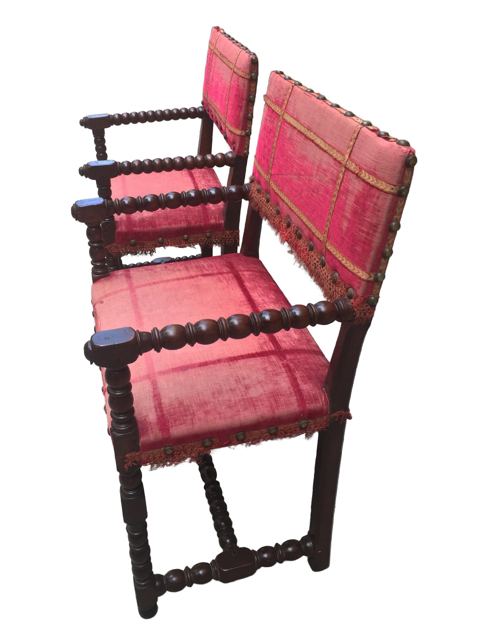 Antique Baroque-Style Walnut and Velvet Armchairs, a Set of 2 1