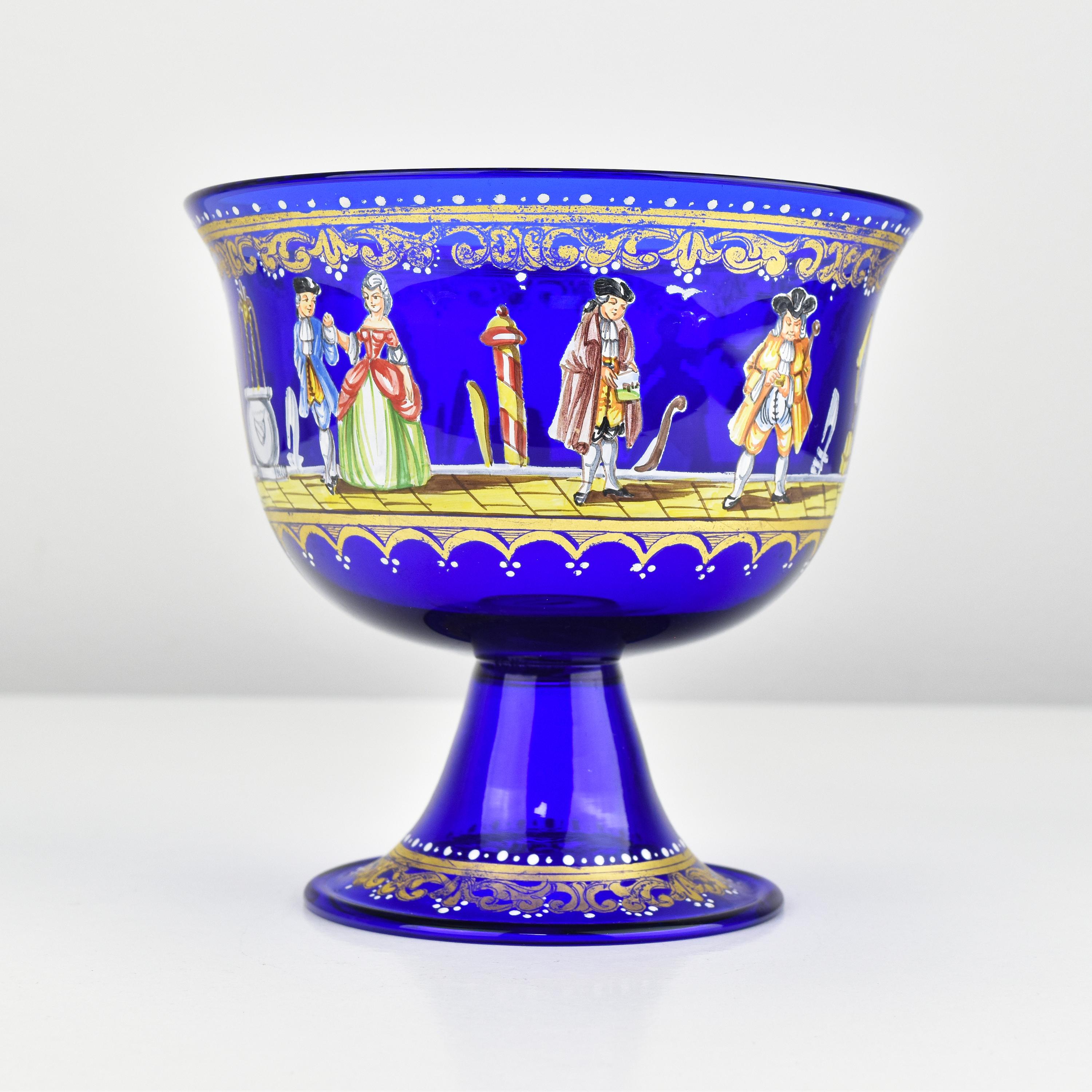 Mid-Century Modern Antique Barovier & Toso Wedding Cup Reproduction Grand Tour Cobal Blue w. Enamel For Sale