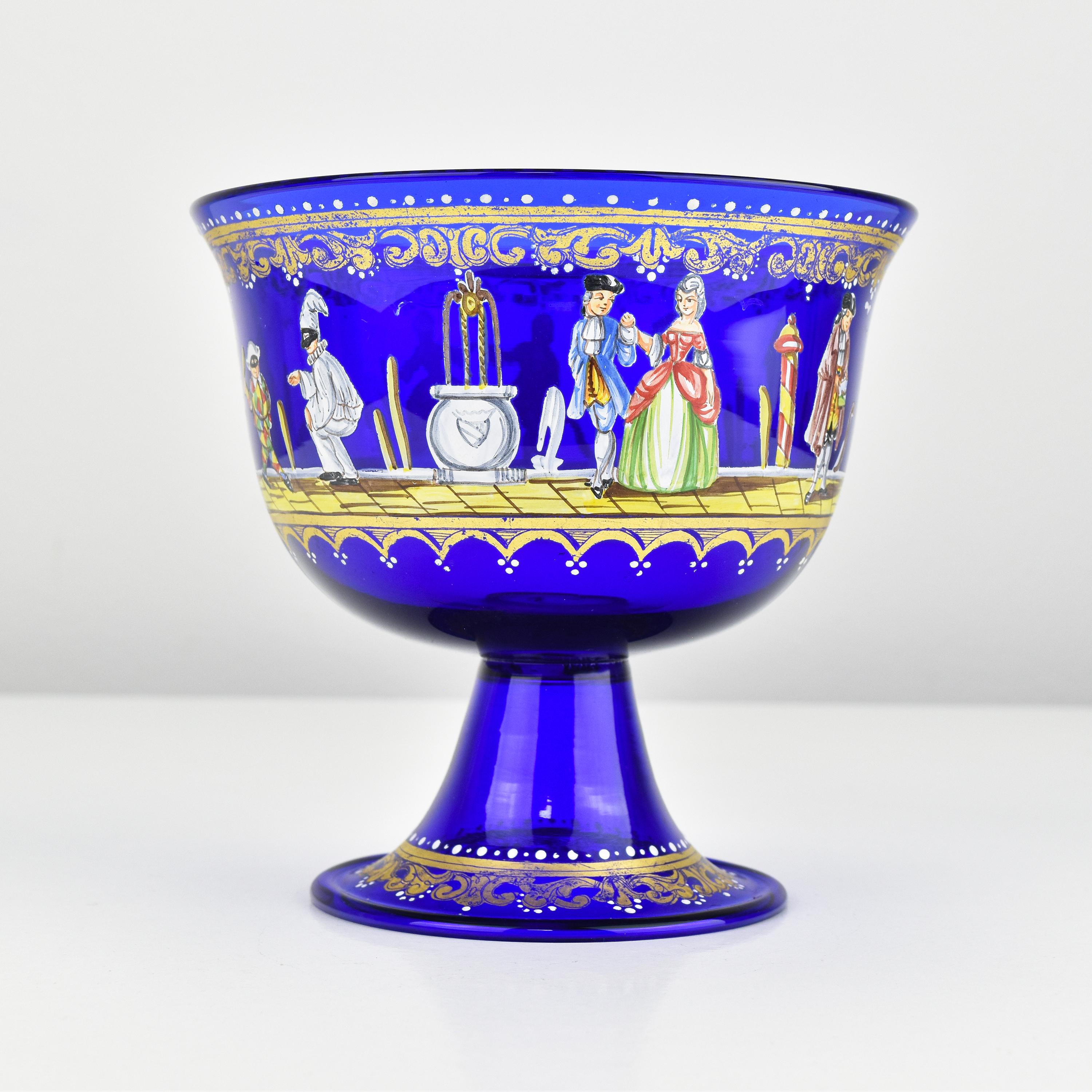 Italian Antique Barovier & Toso Wedding Cup Reproduction Grand Tour Cobal Blue w. Enamel For Sale