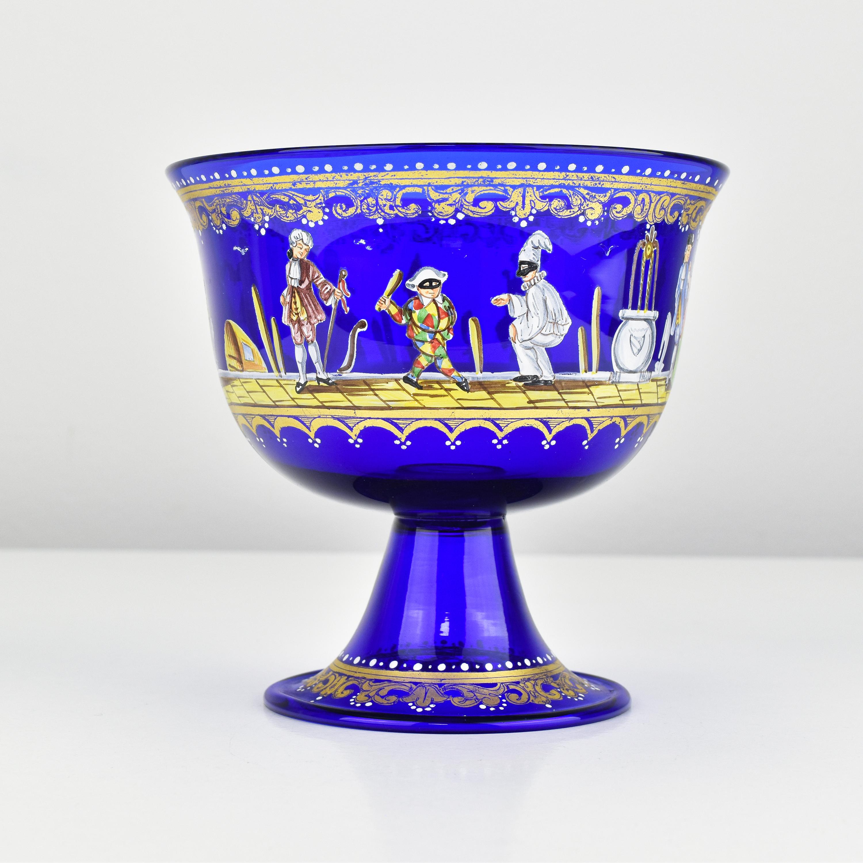 Hand-Crafted Antique Barovier & Toso Wedding Cup Reproduction Grand Tour Cobal Blue w. Enamel For Sale