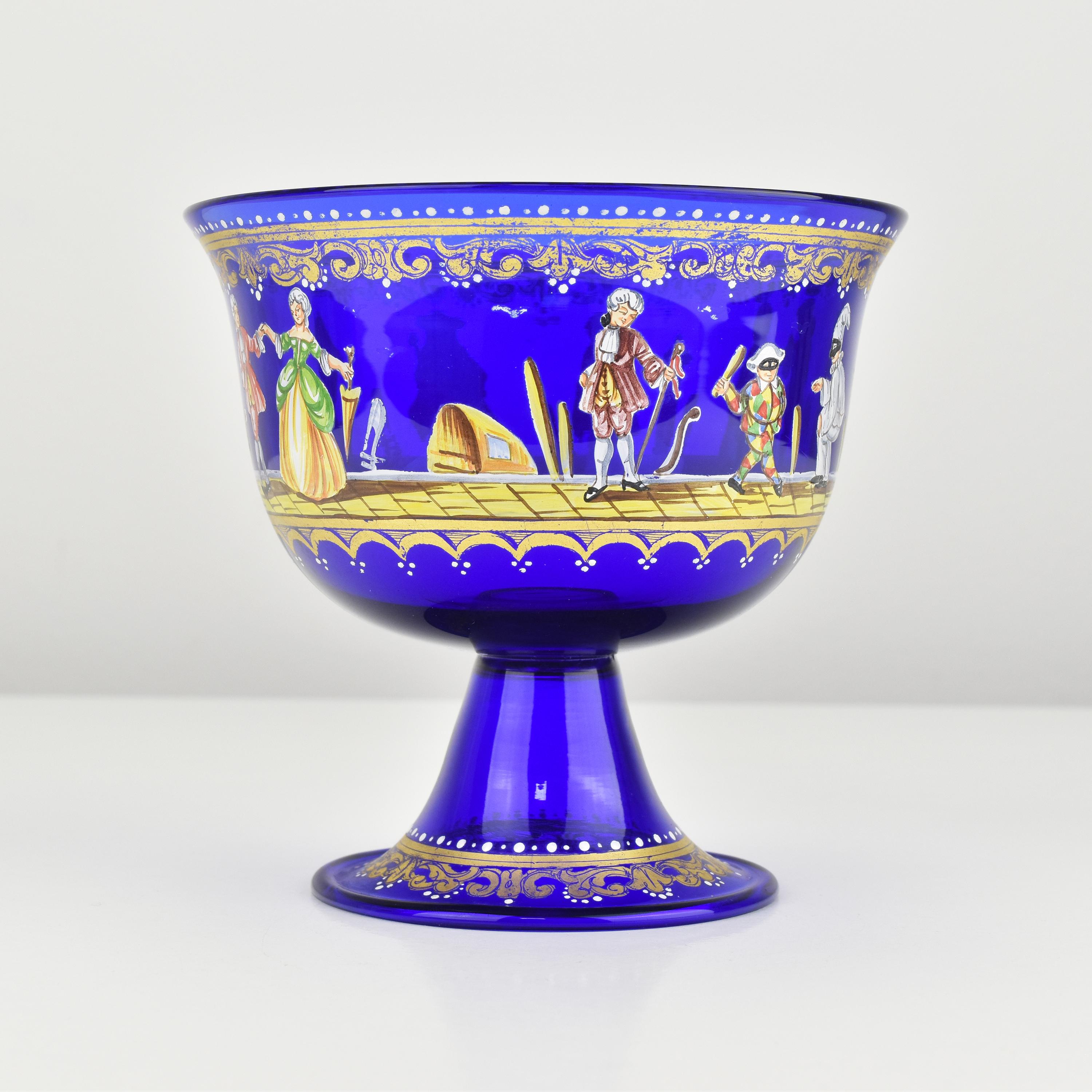 Antique Barovier & Toso Wedding Cup Reproduction Grand Tour Cobal Blue w. Enamel In Good Condition For Sale In Bad Säckingen, DE