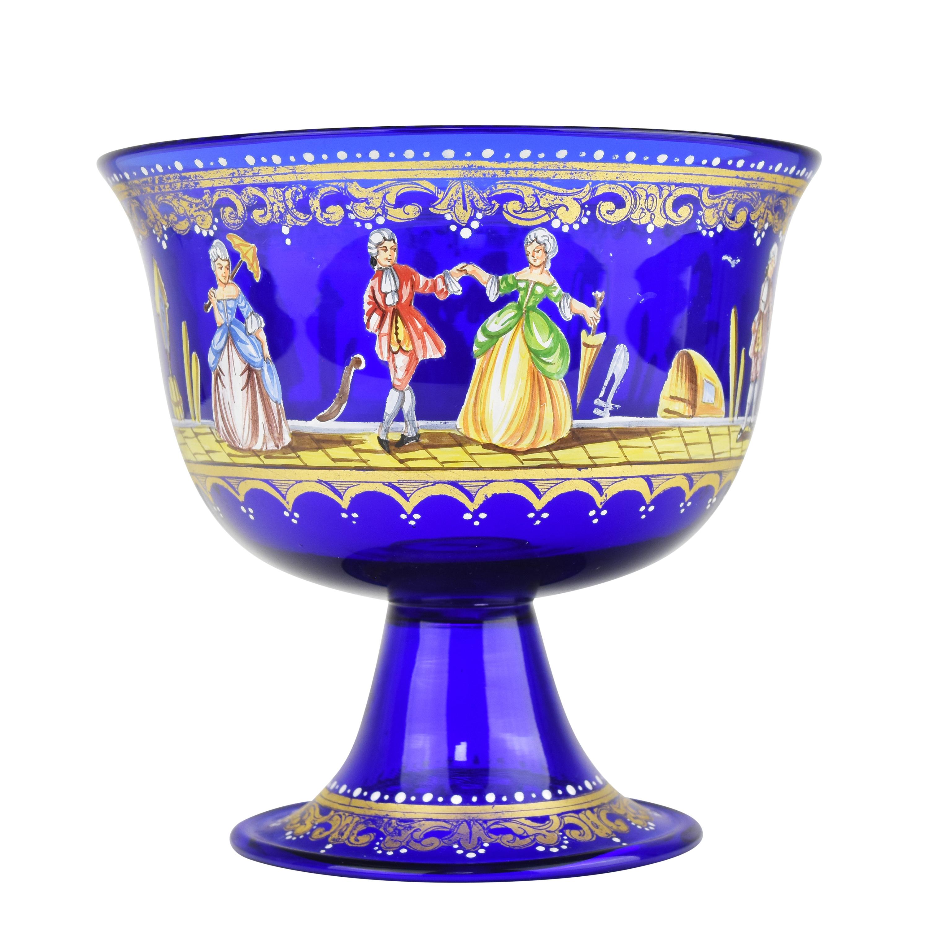 Antique Barovier & Toso Wedding Cup Reproduction Grand Tour Cobal Blue w. Enamel For Sale