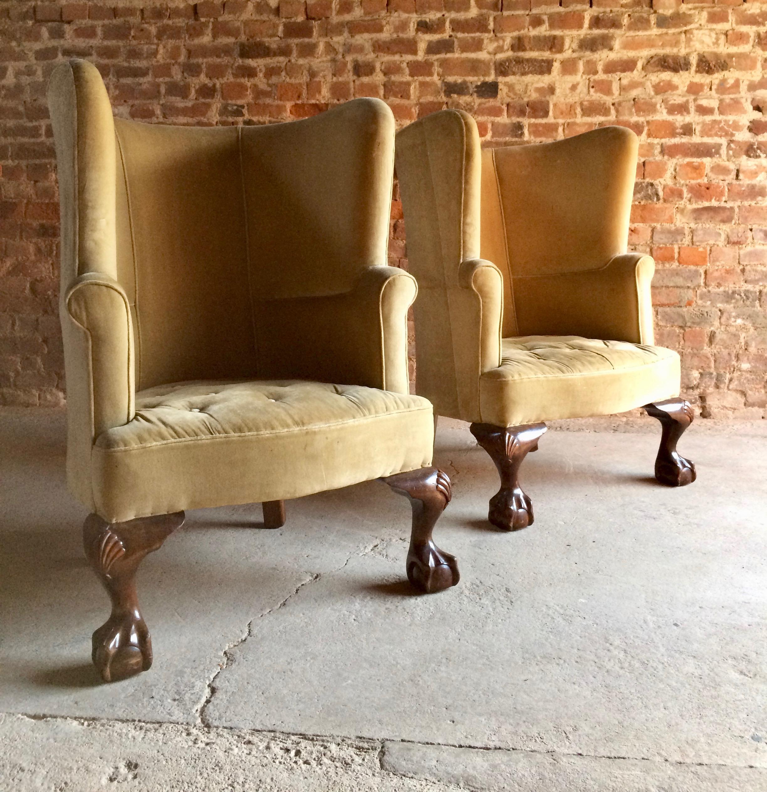 A stunning pair of 19th century George II style mahogany barrel back porters armchairs dating to circa 1860, the chairs upholstered in gold velvet, standing on oversized carved ball and claw cabriole legs, these chairs are breathtakingly beautiful