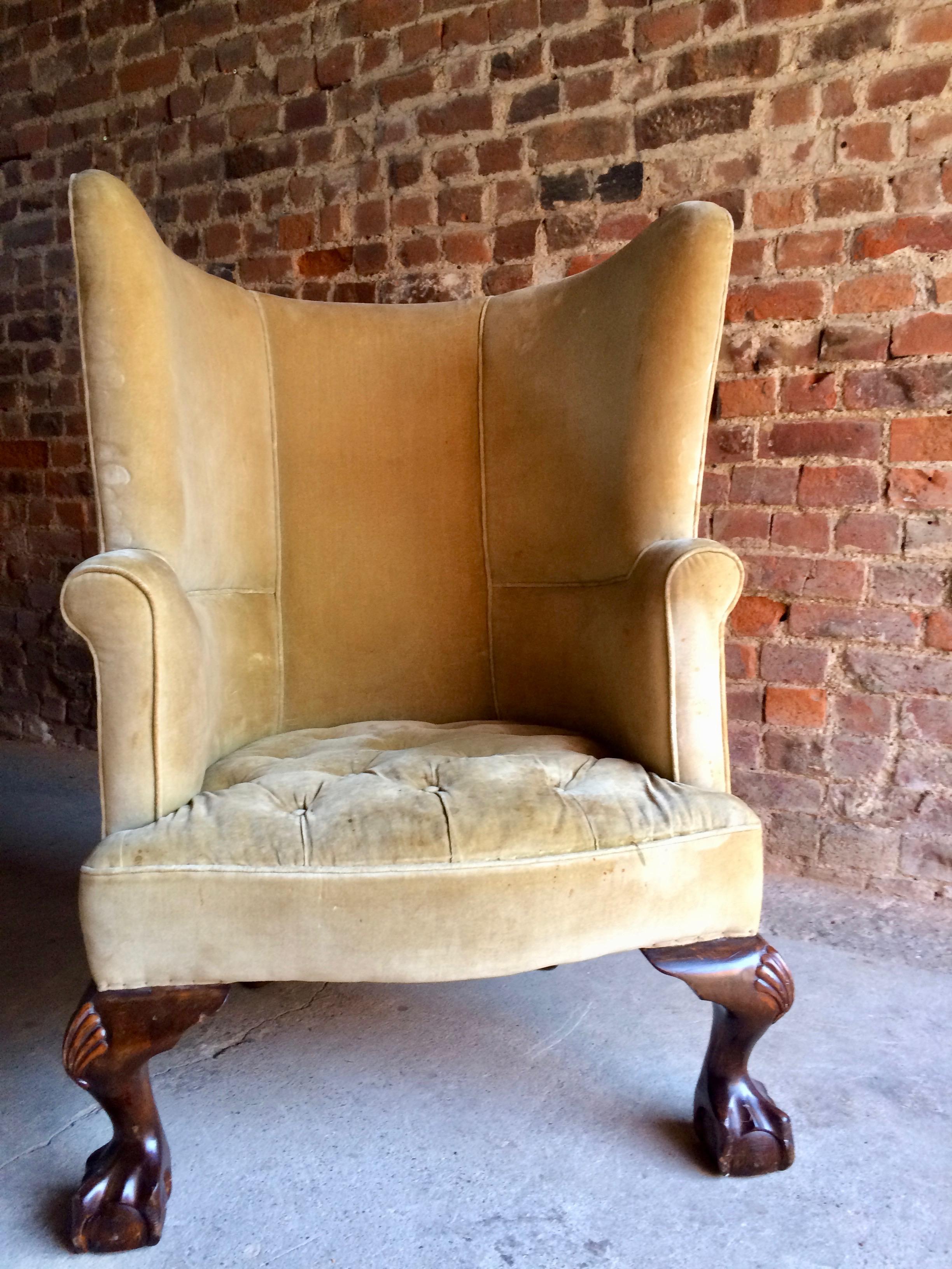 English Antique Barrel Back Armchairs Porters Chairs Pair, George II Style, circa 1860