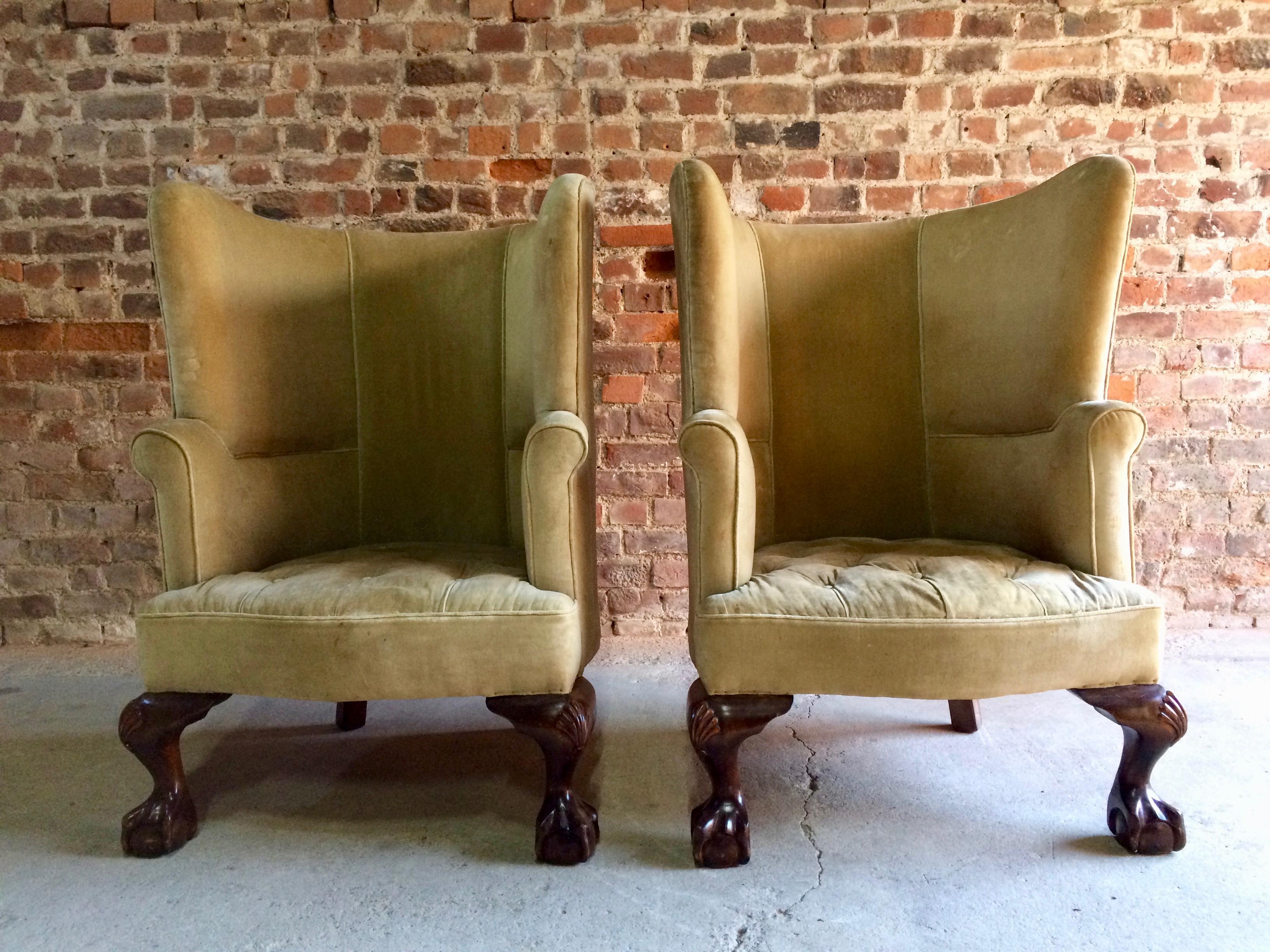 Mid-19th Century Antique Barrel Back Armchairs Porters Chairs Pair, George II Style, circa 1860