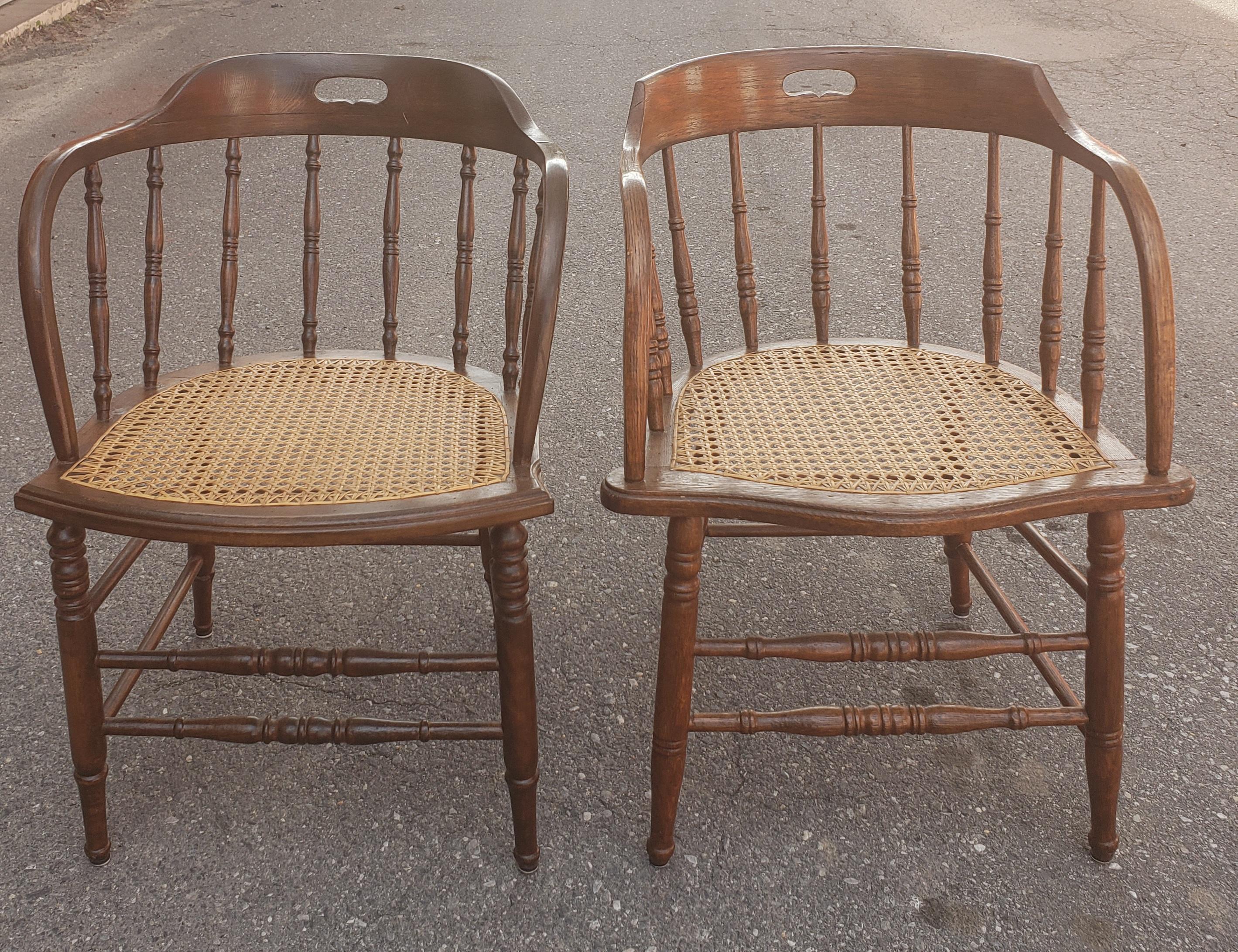 Early 20th century mismatched barrel back oak Windsor pub chairs
American chairs in the style of Boling
Each chair is slightly mismatched (see all images) but they work well together
Each chair is approximately 21