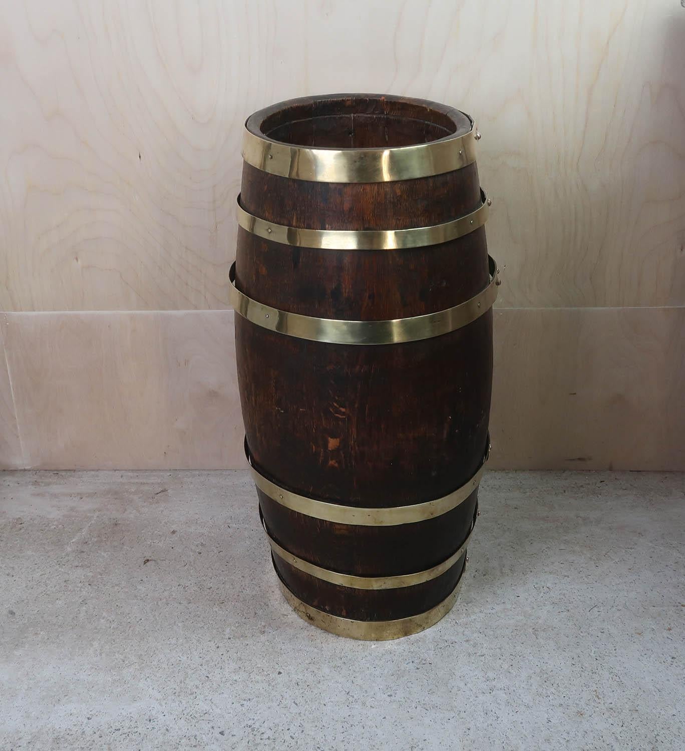 Polished Antique Barrel Shaped Oak and Brass Umbrella Stand. English C.1920 For Sale