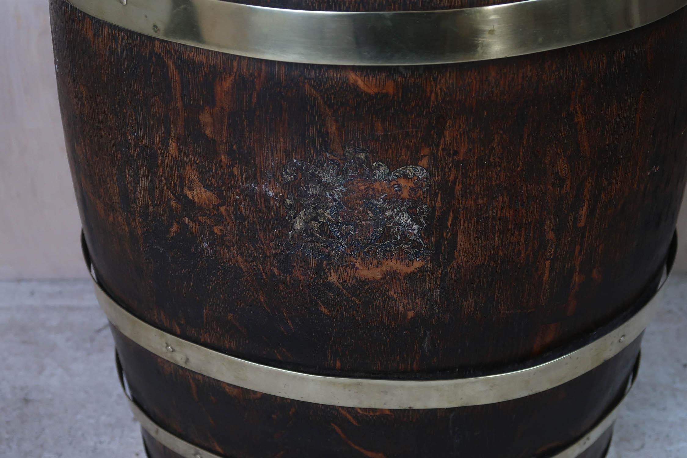 Early 20th Century Antique Barrel Shaped Oak and Brass Umbrella Stand. English C.1920 For Sale