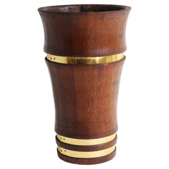 Antique Barrel Umbrella Stand Holder Curved Solid Oak Brass English 1920 Hallway