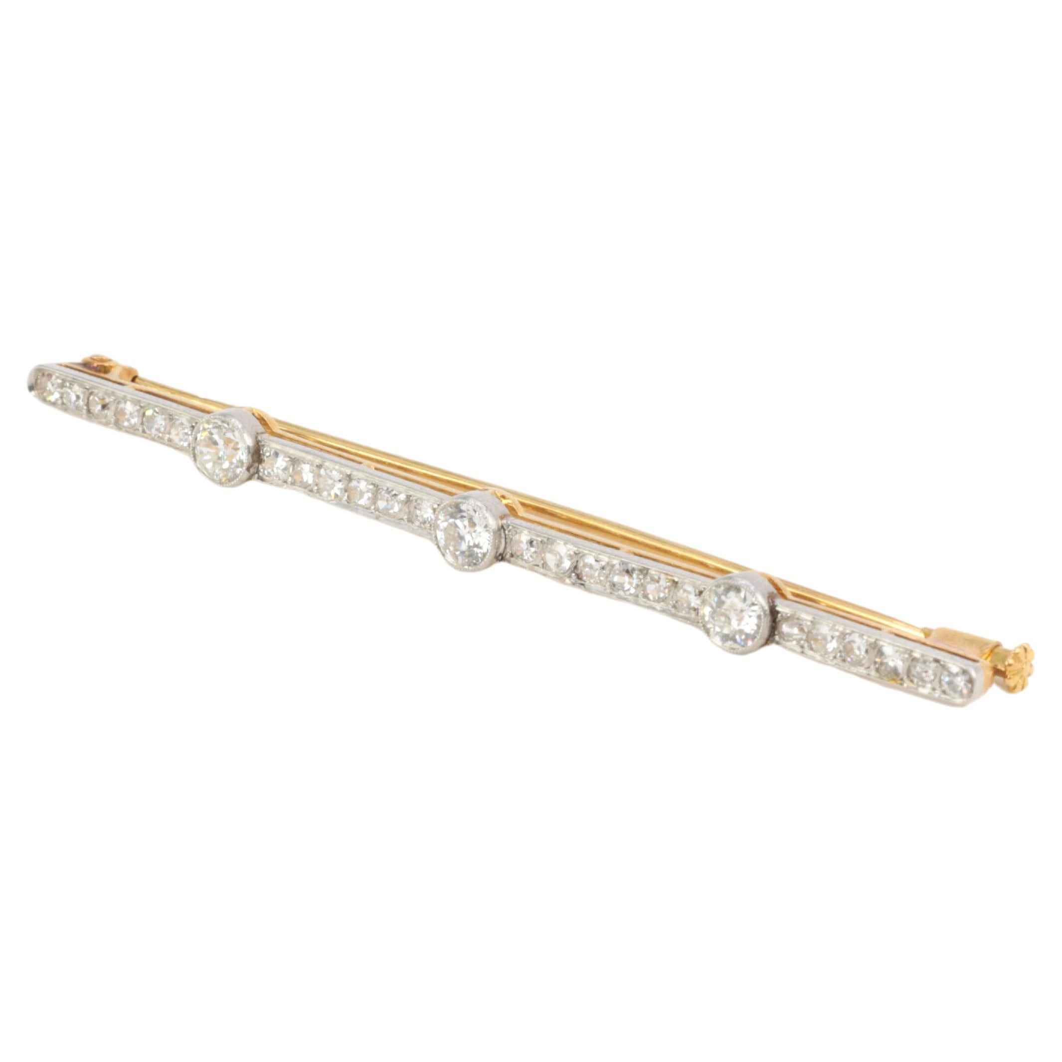 Antique Barrette Brooch in Gold, Platinum and Diamonds For Sale