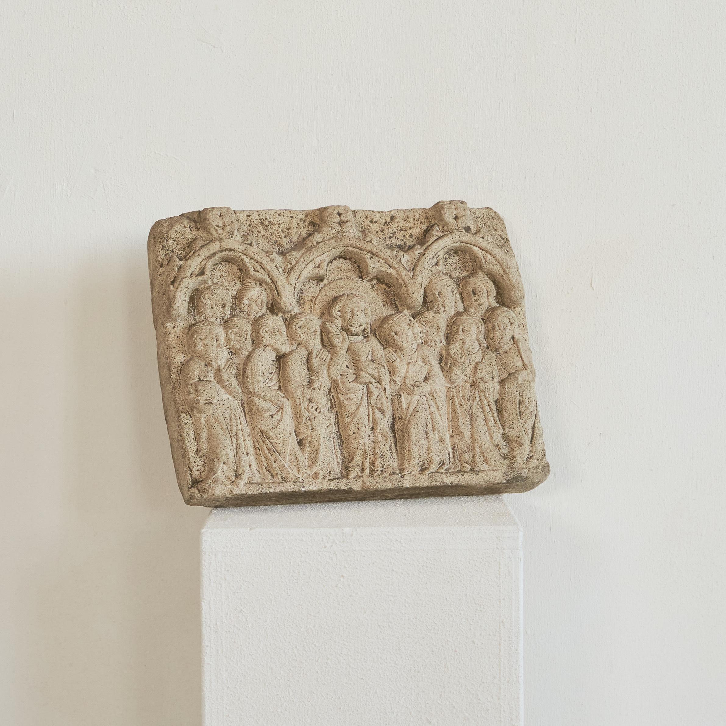 Antique Bas-Relief 'Jesus and the Twelve Disciples' in Stone, early 20th century. Presumably European origin.

Beautiful antique bas relief depicting Jesus and the twelve disciples. Made in a medieval style, beautifully naive and rough. Catches the