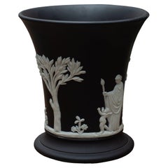 Antique Basalt Black Wedgwood Jasperware Small Vase with White Overlay