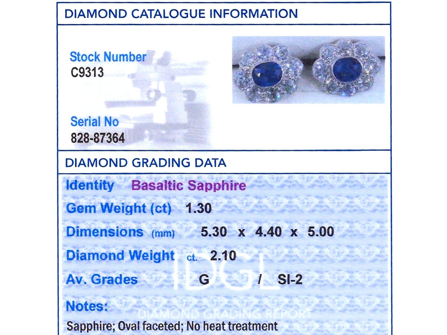 Antique Basaltic Sapphire and Diamond Cluster Earrings in White Gold For Sale 5