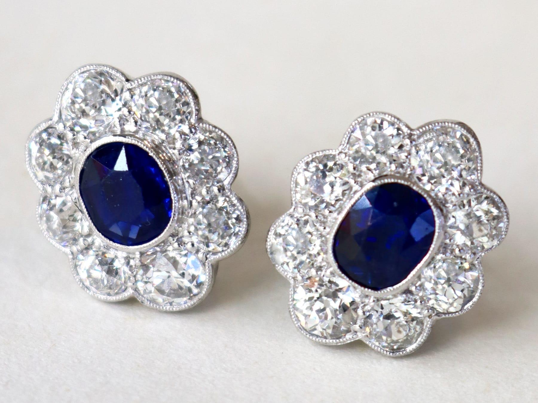 Old European Cut Antique Basaltic Sapphire and Diamond Cluster Earrings in White Gold For Sale