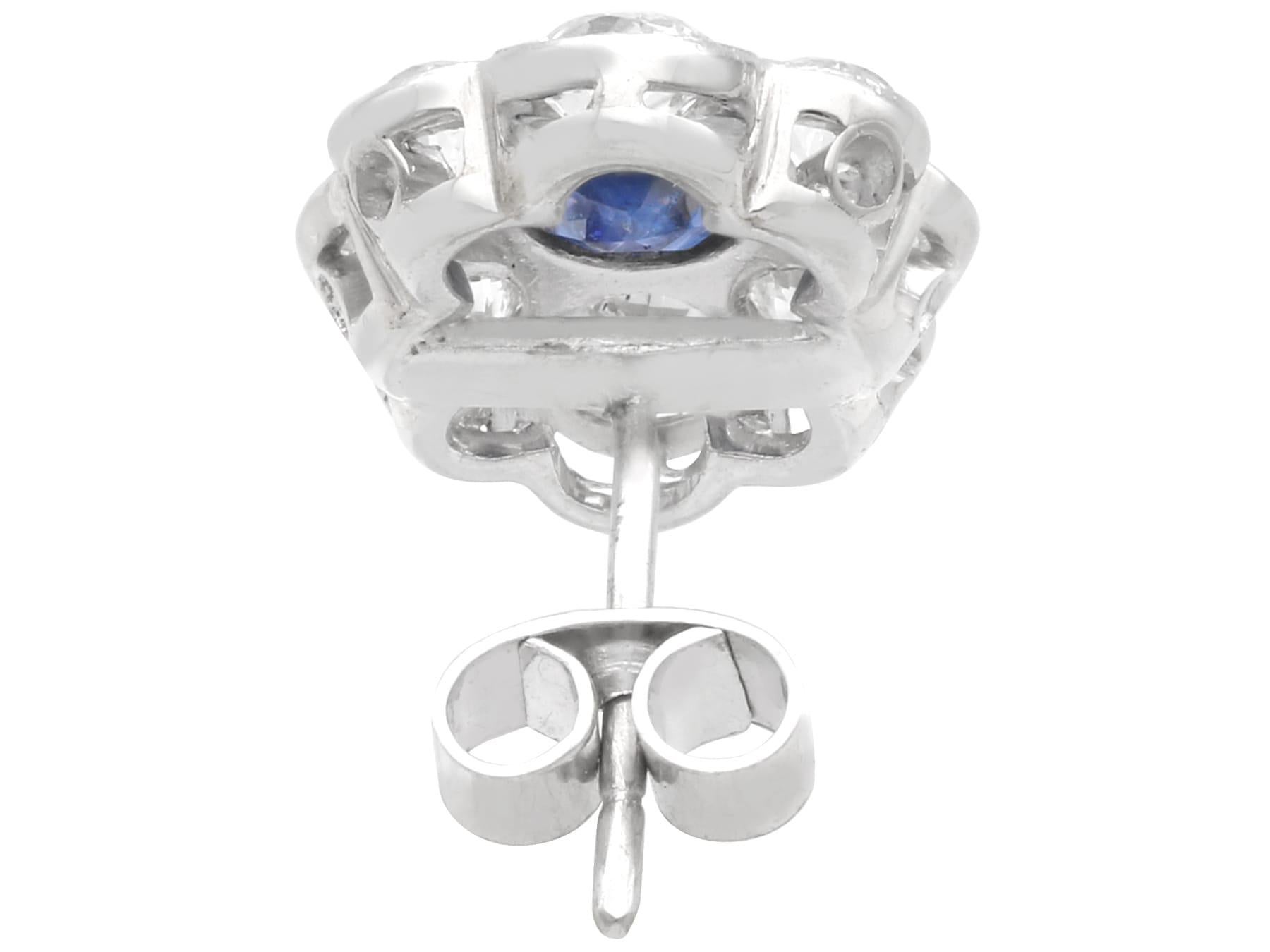 Antique Basaltic Sapphire and Diamond Cluster Earrings in White Gold For Sale 1