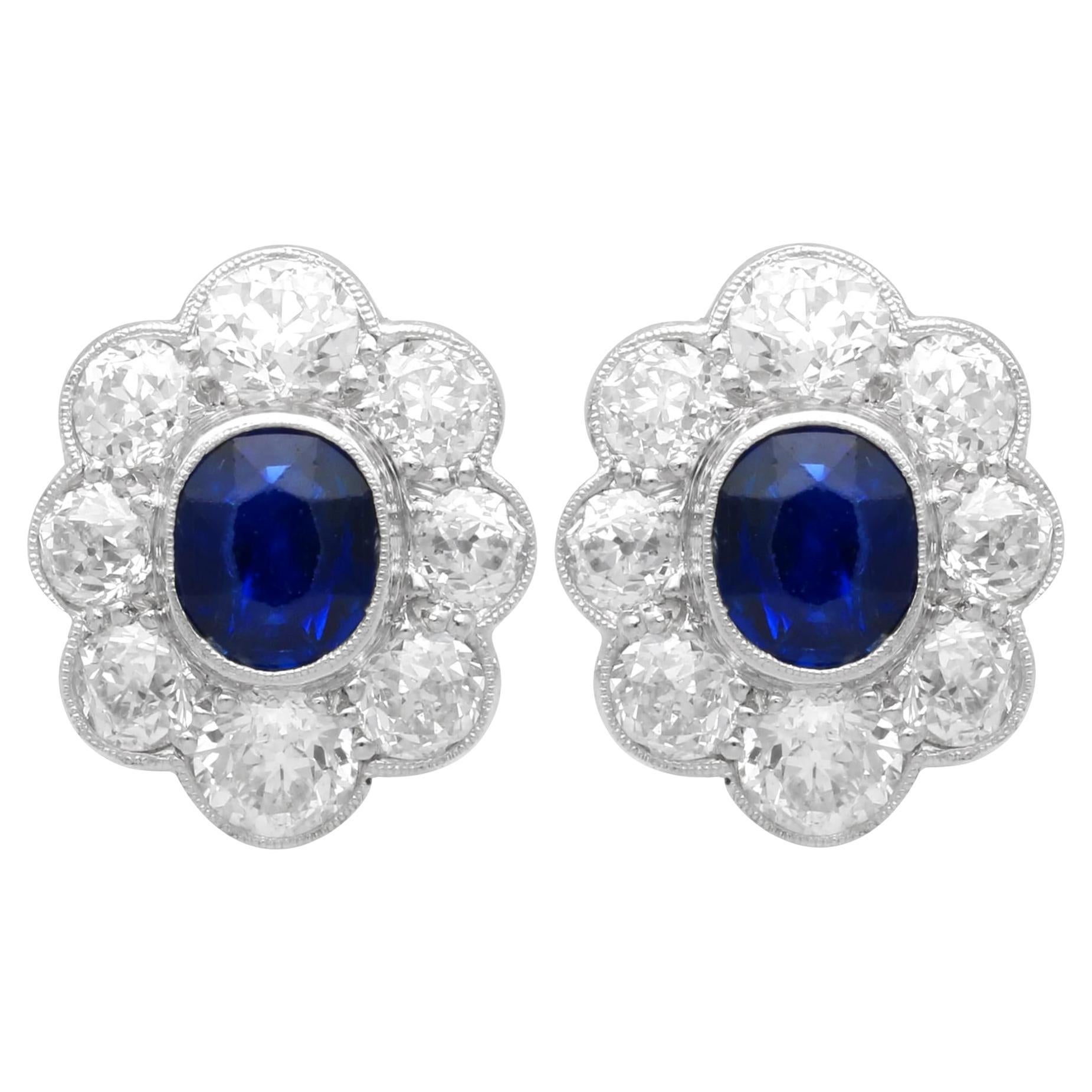 Antique Basaltic Sapphire and Diamond Cluster Earrings in White Gold For Sale