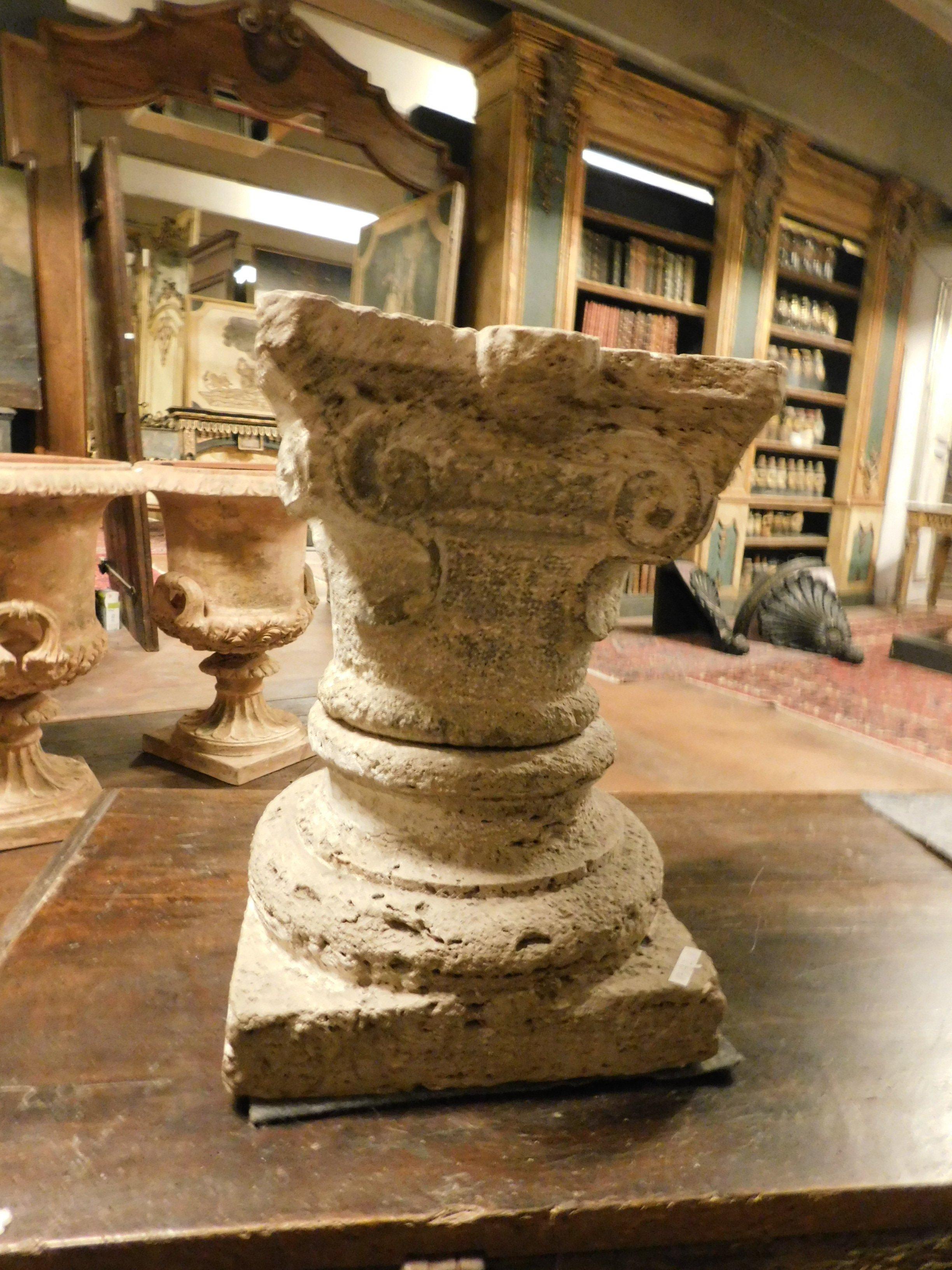 Antique Base and Capital of a Column, Carved Sandstone, 1700, Italy 3