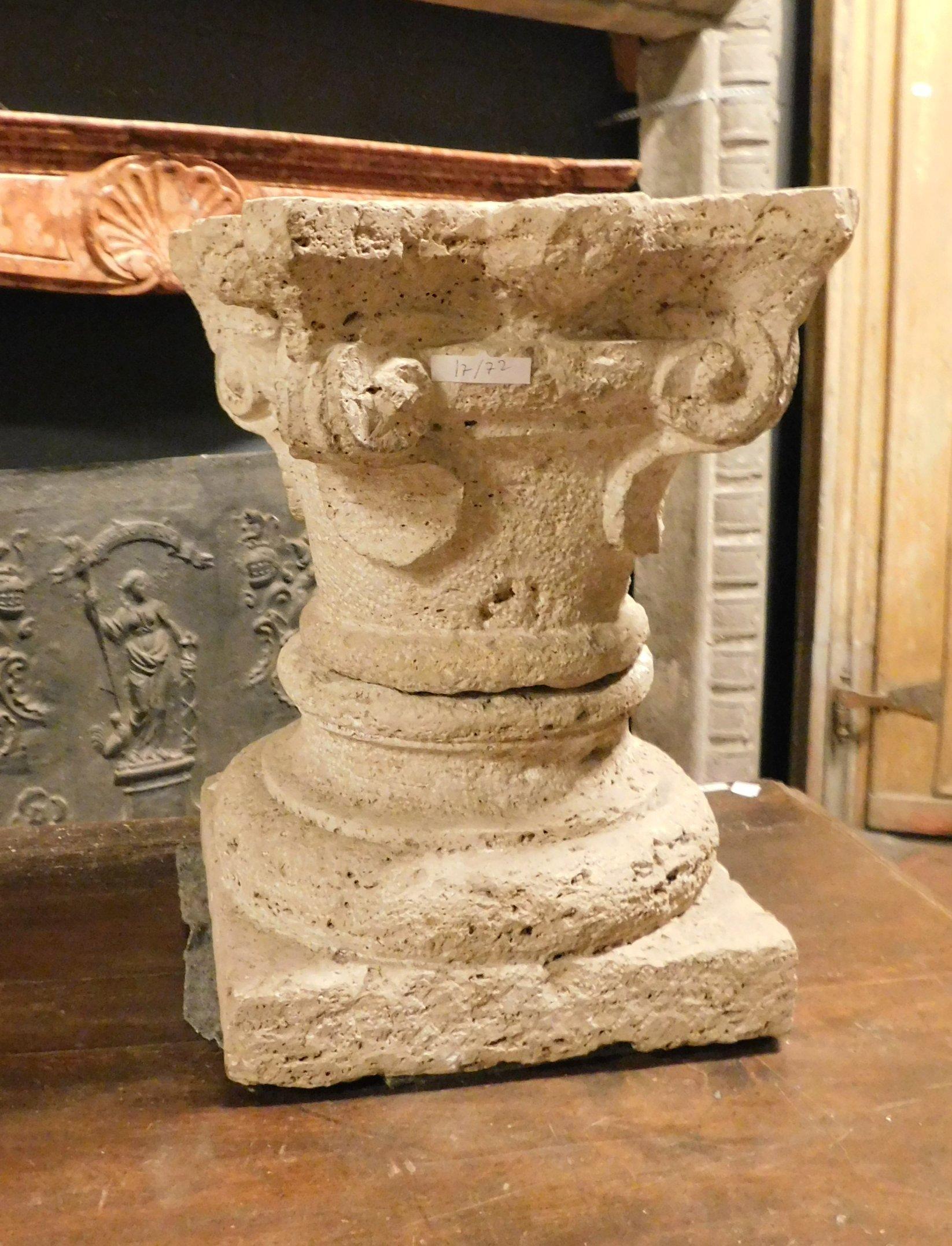 Hand-Carved Antique Base and Capital of a Column, Carved Sandstone, 1700, Italy