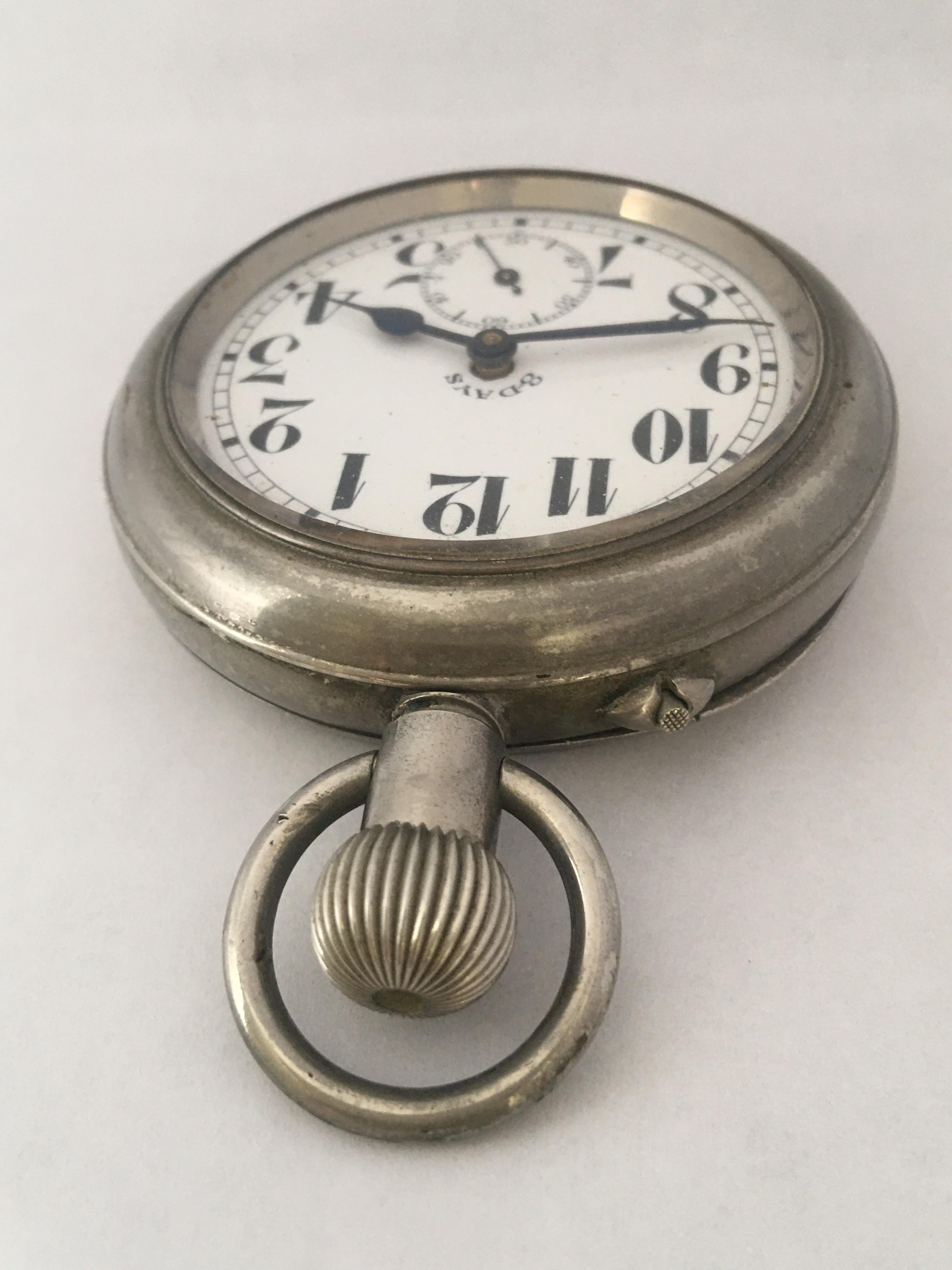 Antique Base Metal Silver Plated Goliath 8-Days Stem Winding Pocket In Good Condition For Sale In Carlisle, GB