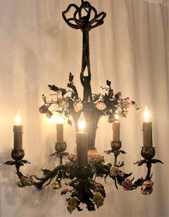 Antique "Basket" Chandelier with Porcelain Flowers