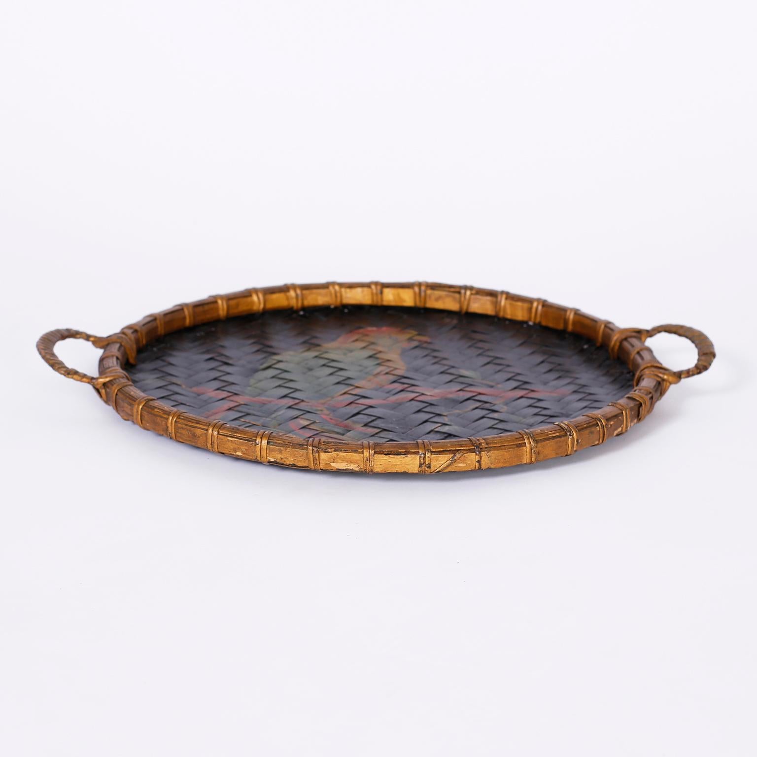 Antique Basket Tray with Painted Parrot In Good Condition For Sale In Palm Beach, FL