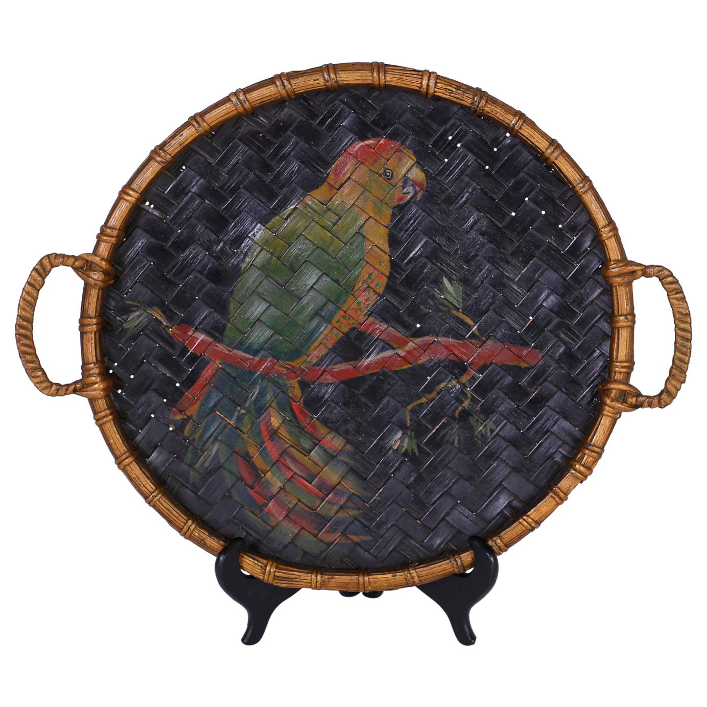 Antique Basket Tray with Painted Parrot For Sale