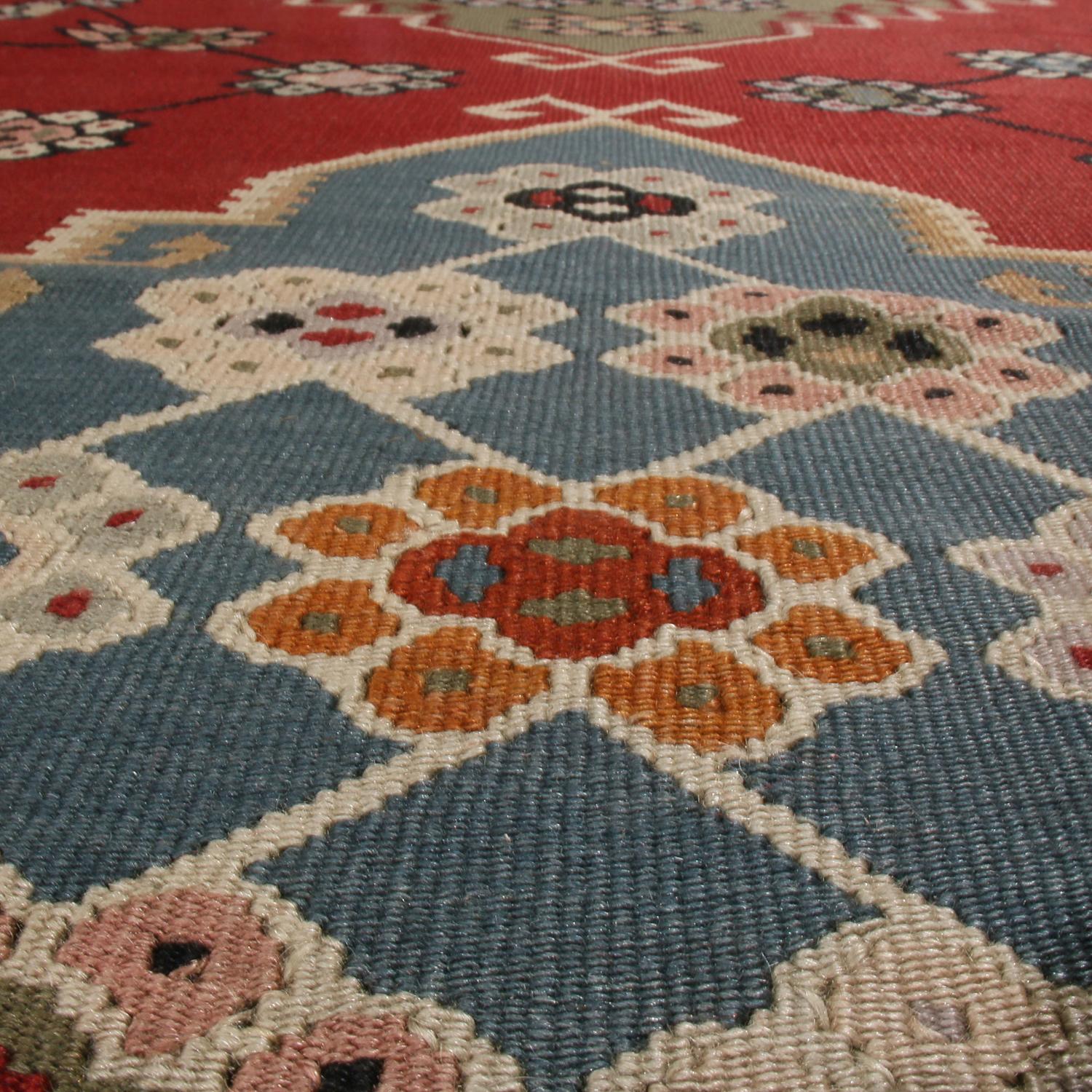 Turkish Antique Basra Burgundy and Spectral Wool Kilim Rug by Rug & Kilim For Sale