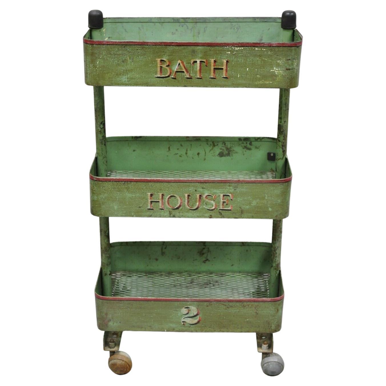 Antique "Bath House 2" Green Painted Metal 3 Tier Rolling Bathroom Trolley Cart For Sale