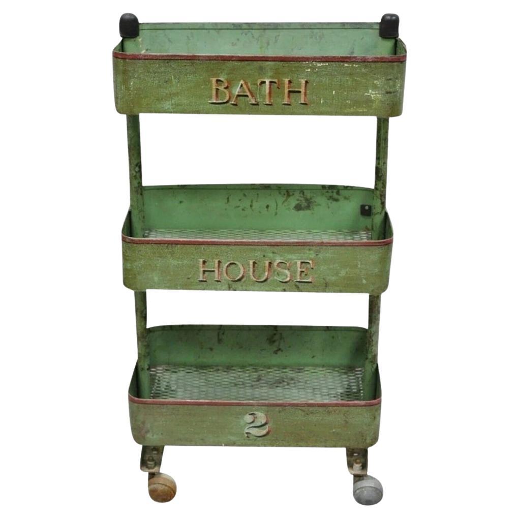 Antique "Bath House 2" Chariot de salle de bains à roulettes à 3 niveaux en métal peint en vert en vente