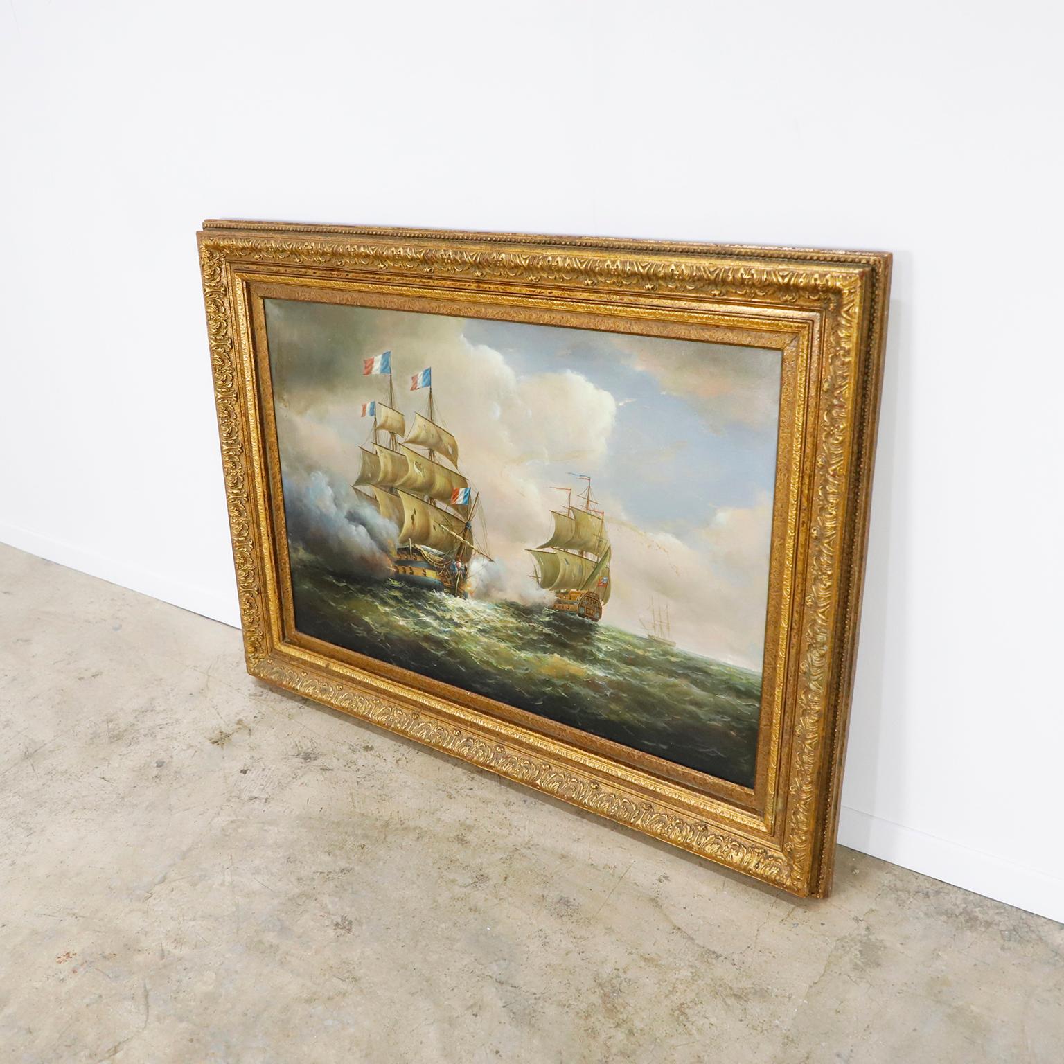 Other Antique Battle Between Ships Oil On Canvas For Sale