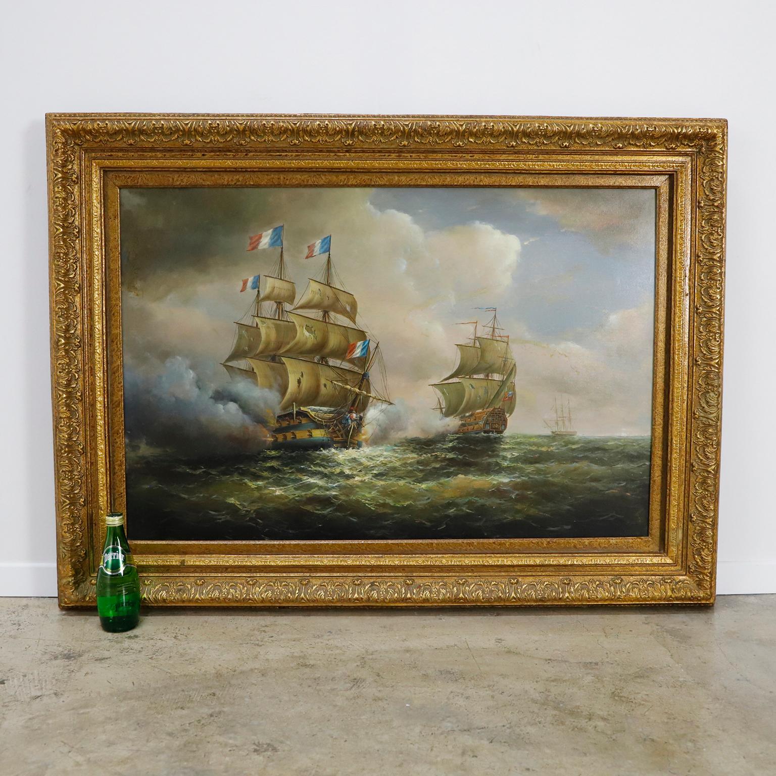 Mexican Antique Battle Between Ships Oil On Canvas