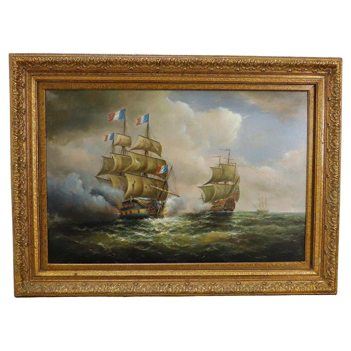 Antique Battle Between Ships Oil On Canvas For Sale