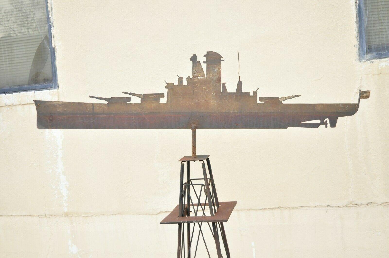 Antique battleship weather vane weathered paint American primitive steel metal. Item features hand made weathervane, distressed original paint , American flag to ship. Very nice antique item, quality American craftsmanship. Circa Early to Mid