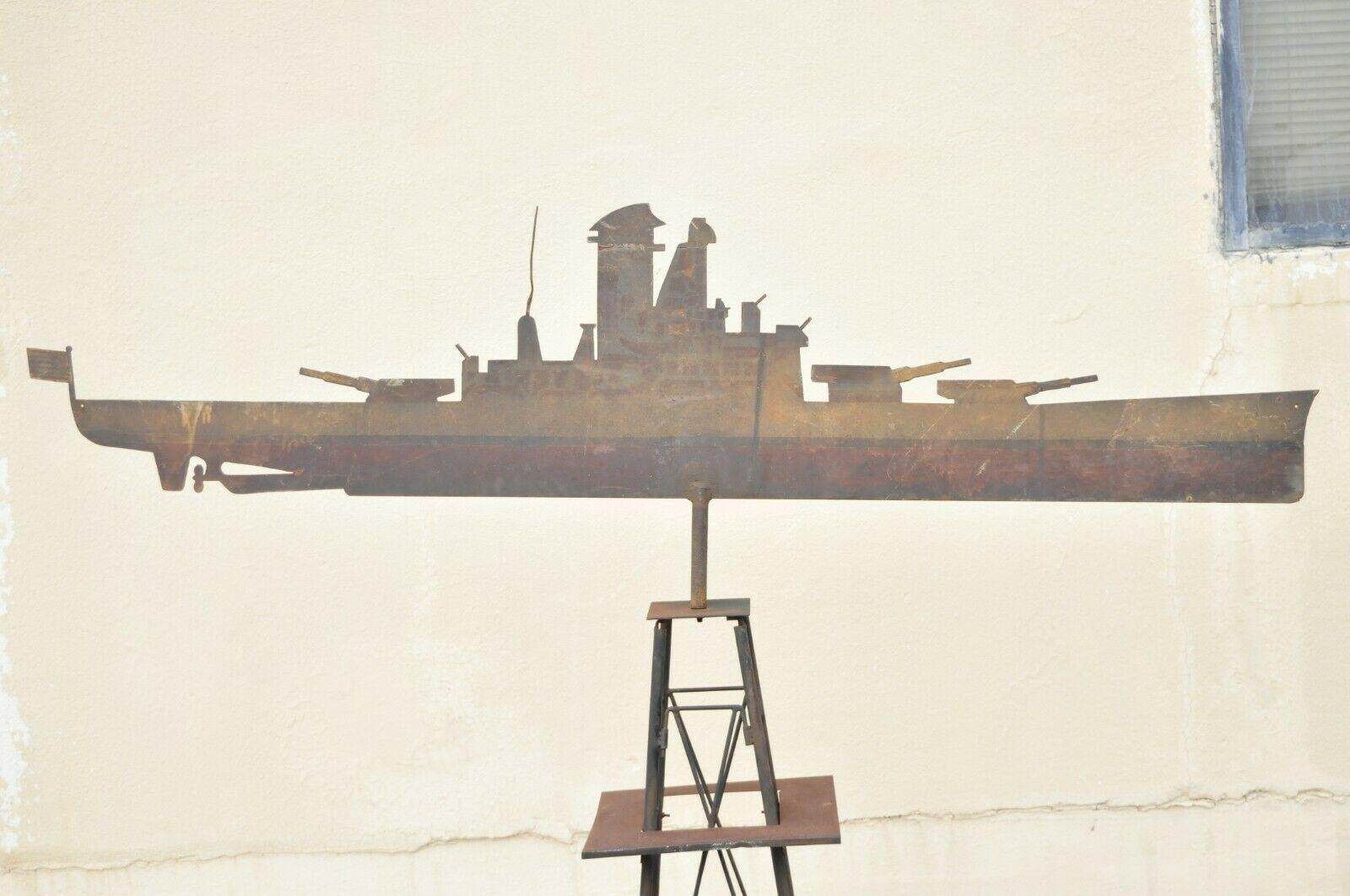 Antique Battleship Weathervane Weathered Paint American Primitive Steel Metal For Sale 2