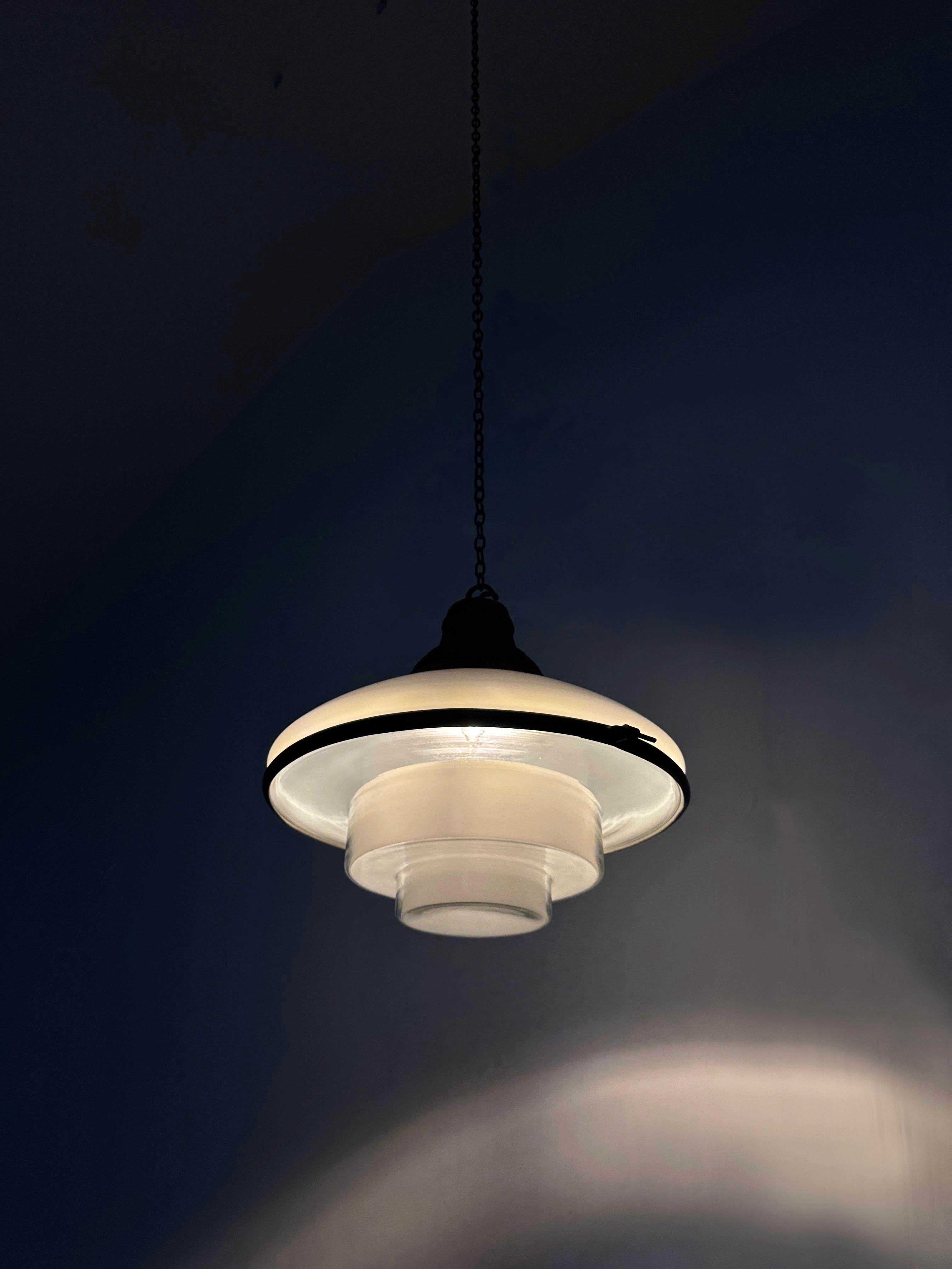 Antique Bauhaus Sistrah Opaline Milk Glass Ceiling Pendant Light by Otto Muller In Good Condition For Sale In Sale, GB