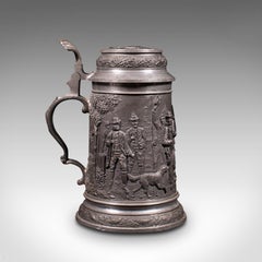 Antique Bavarian Beer Stein, German, Pewter, Jug, Decorative Relief, Circa 1920