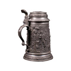 Antique Bavarian Beer Stein, German, Pewter, Jug, Decorative Relief, Circa 1920