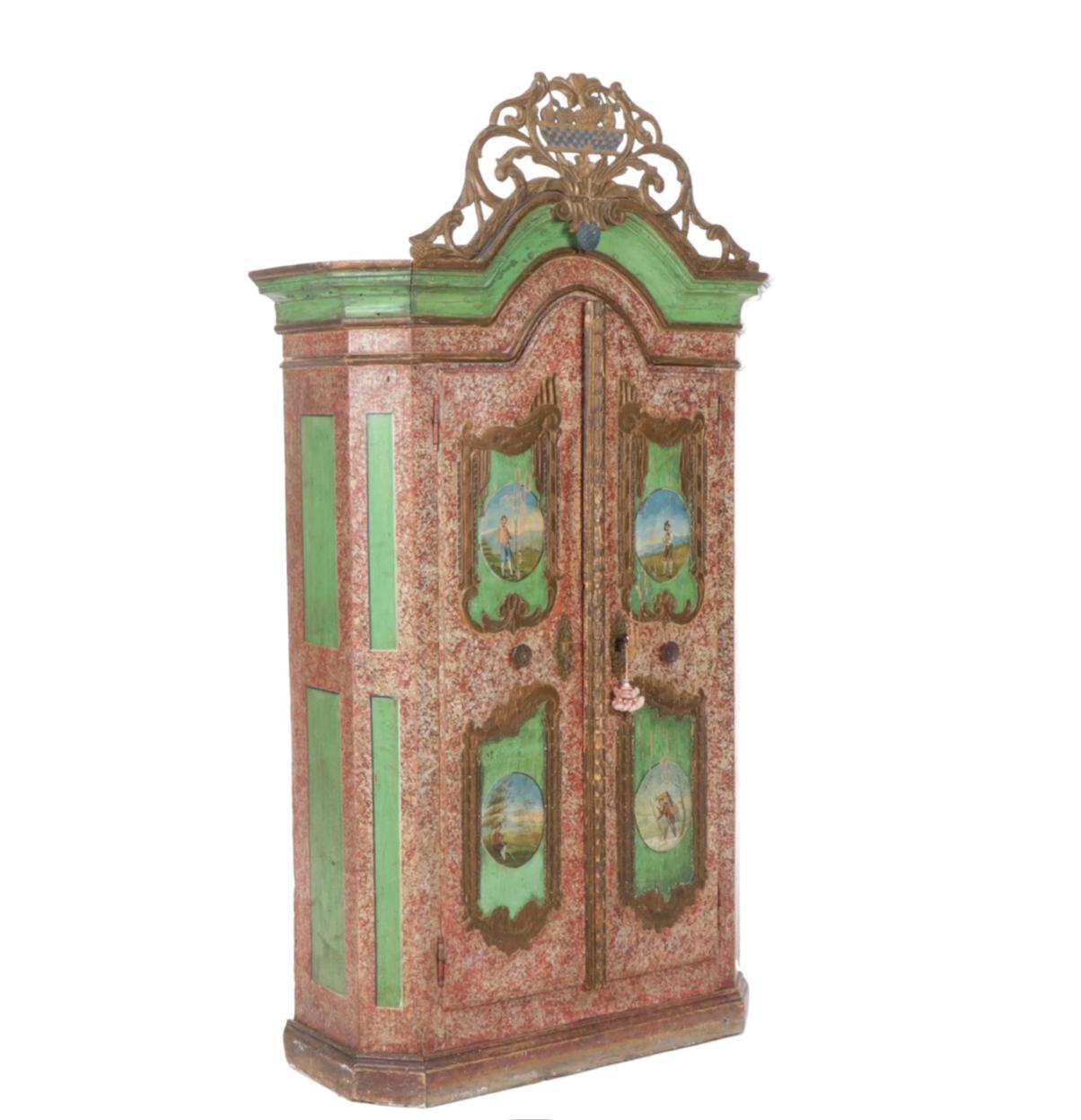 Antique Bavarian hand-painted alpine schrank cabinet, armoir, early 18th c. Lovely hand-painted Alpine scenes. Polychromed. 

Each door has two painted vignettes of Alpine life framed by a carved cartouche. Schrank, a tall wardrobe-like German