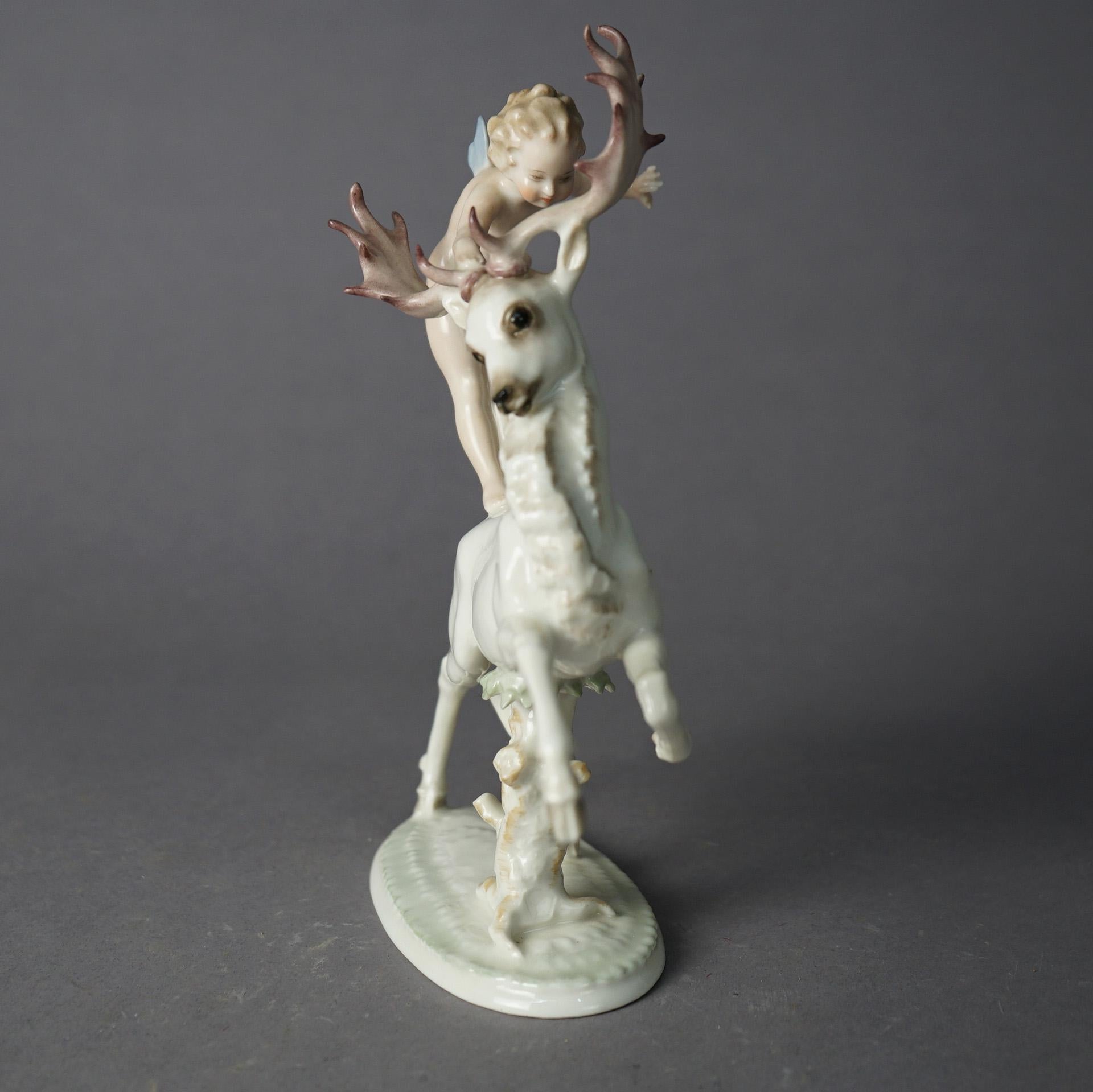 Antique Bavarian Hutschenreuther Porcelain Figure of Nymph & Elk, circa 1920 In Good Condition In Big Flats, NY