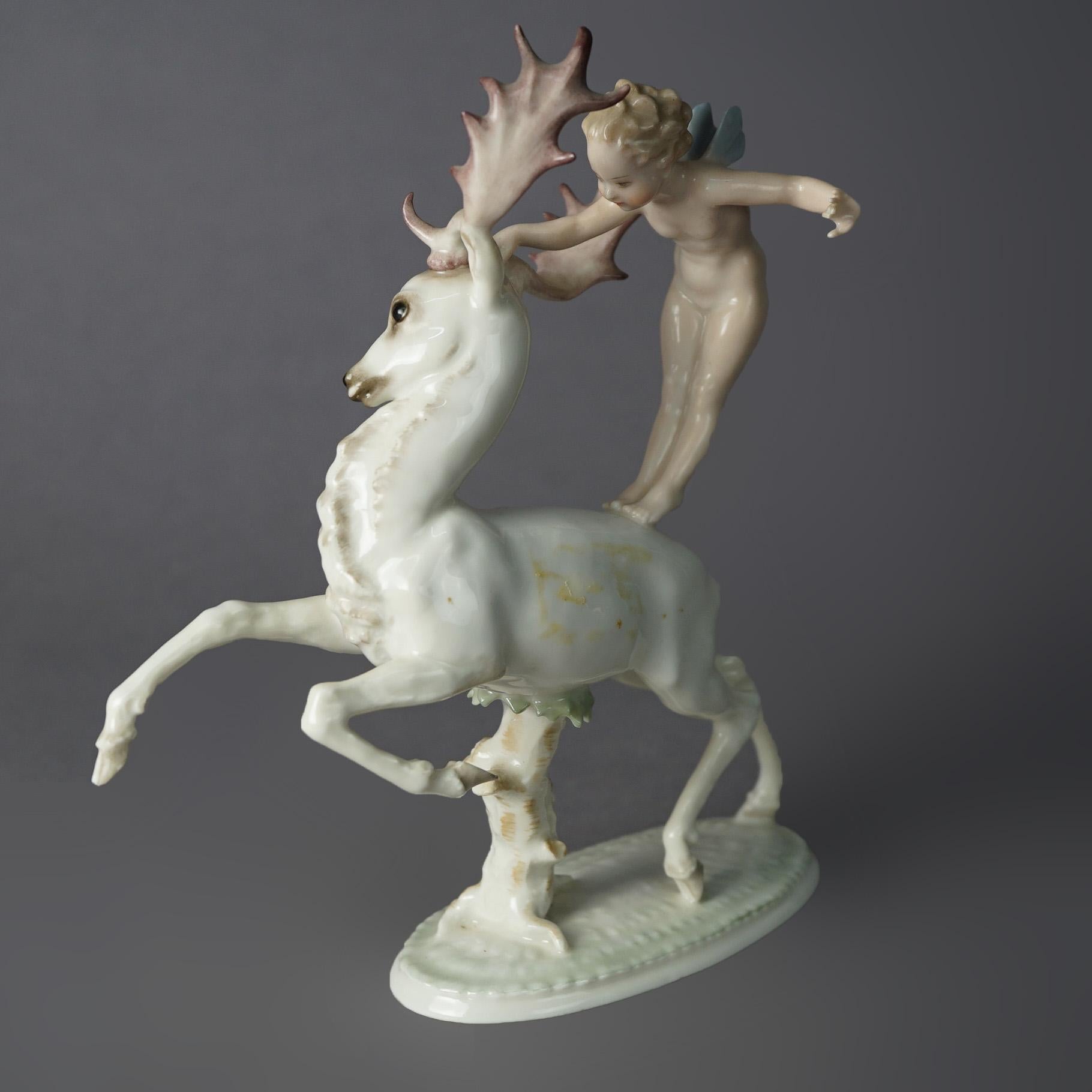 20th Century Antique Bavarian Hutschenreuther Porcelain Figure of Nymph & Elk, circa 1920