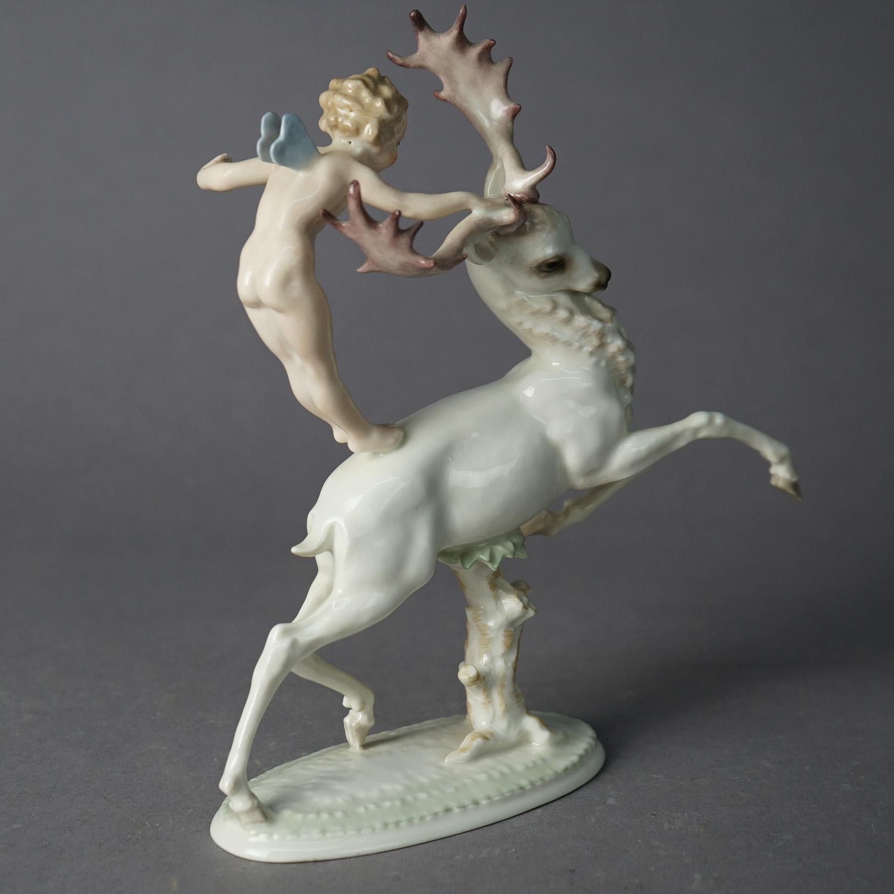 Antique Bavarian Hutschenreuther Porcelain Figure of Nymph & Elk, circa 1920 2
