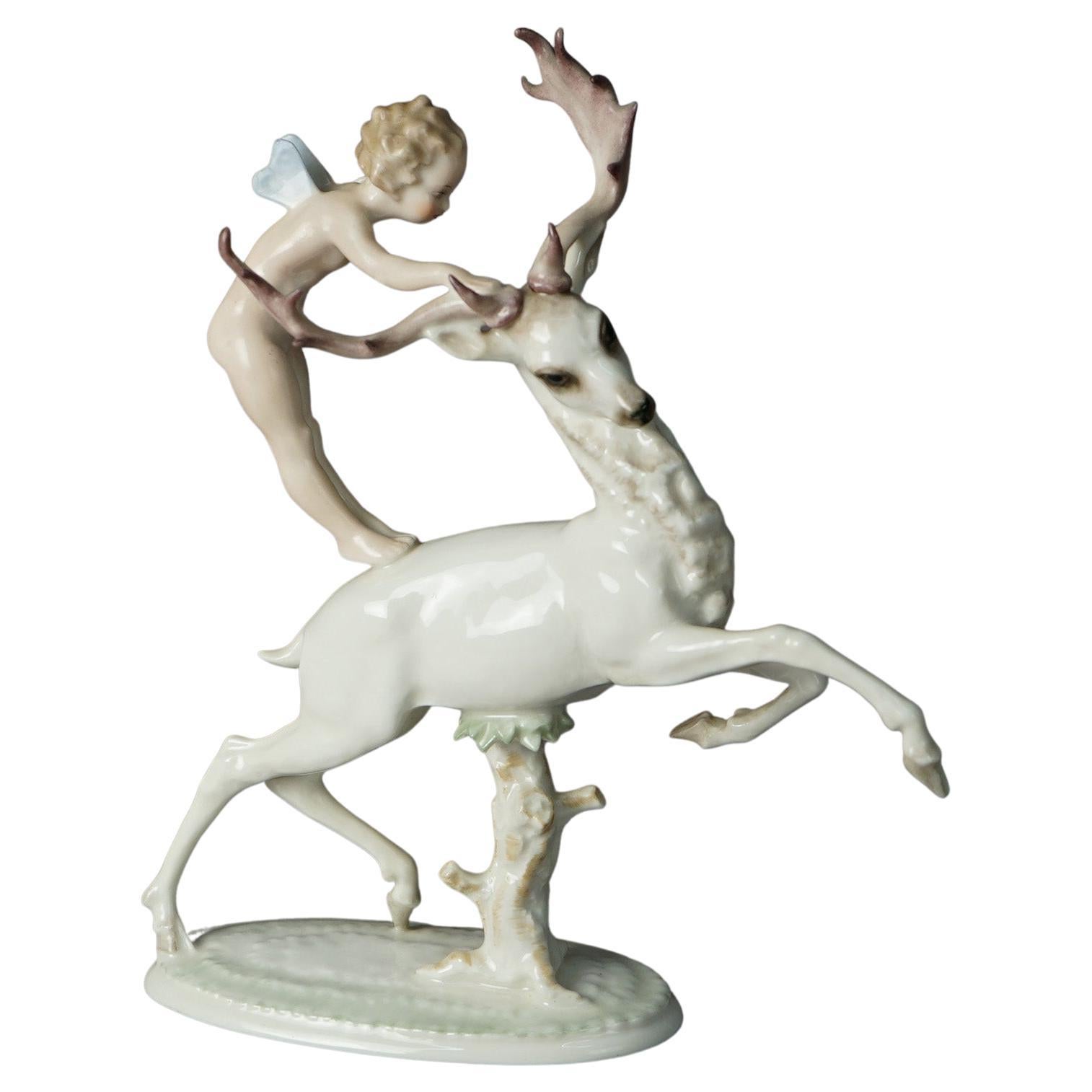 Antique Bavarian Hutschenreuther Porcelain Figure of Nymph & Elk, circa 1920
